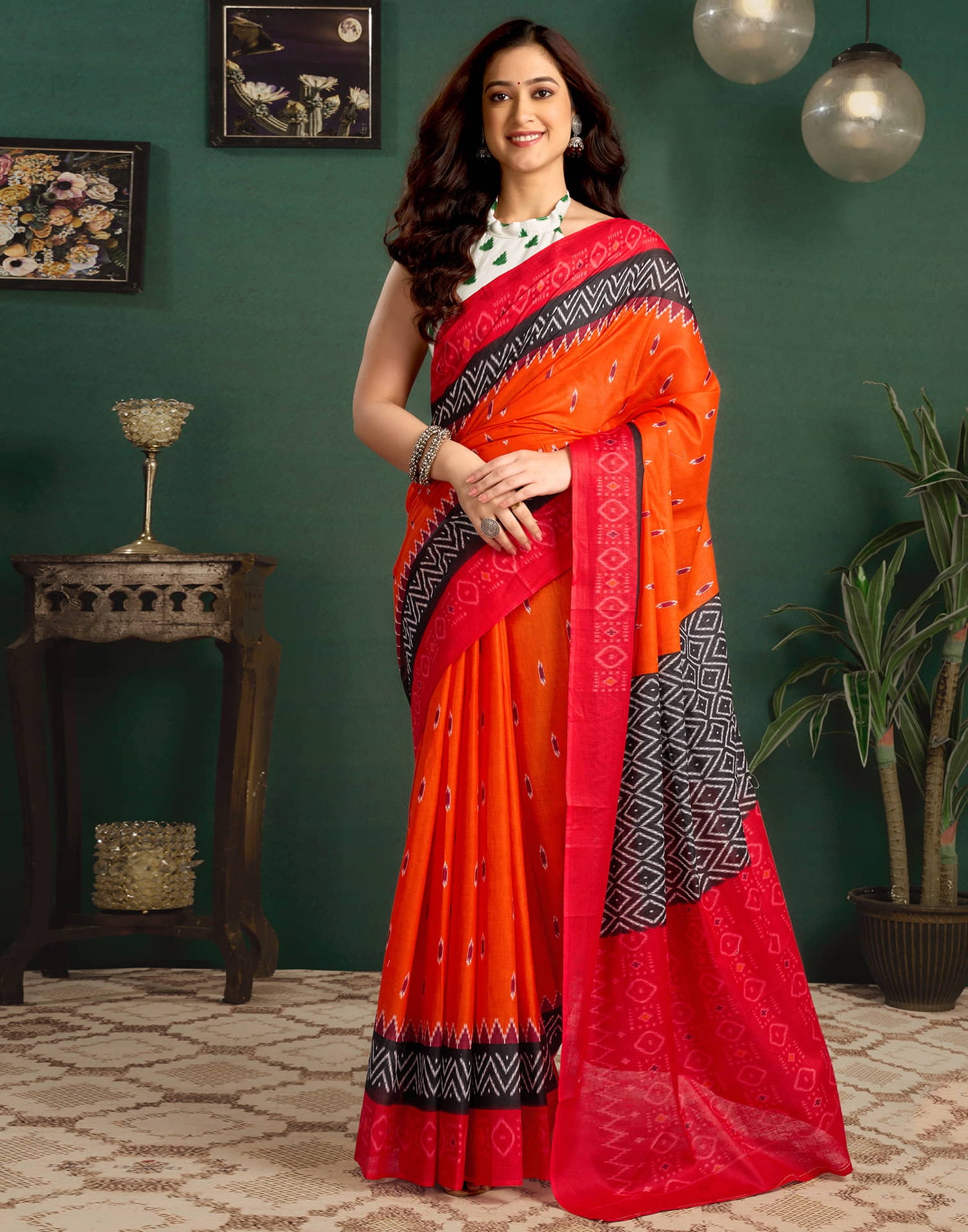 Orange Cotton Ikkat Printed Saree