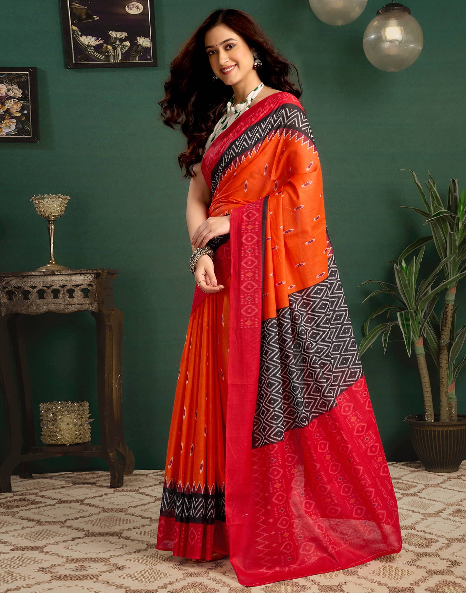Orange Cotton Ikkat Printed Saree