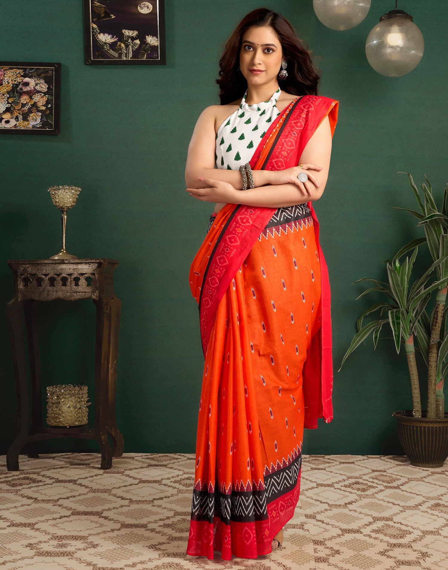 Orange Cotton Ikkat Printed Saree
