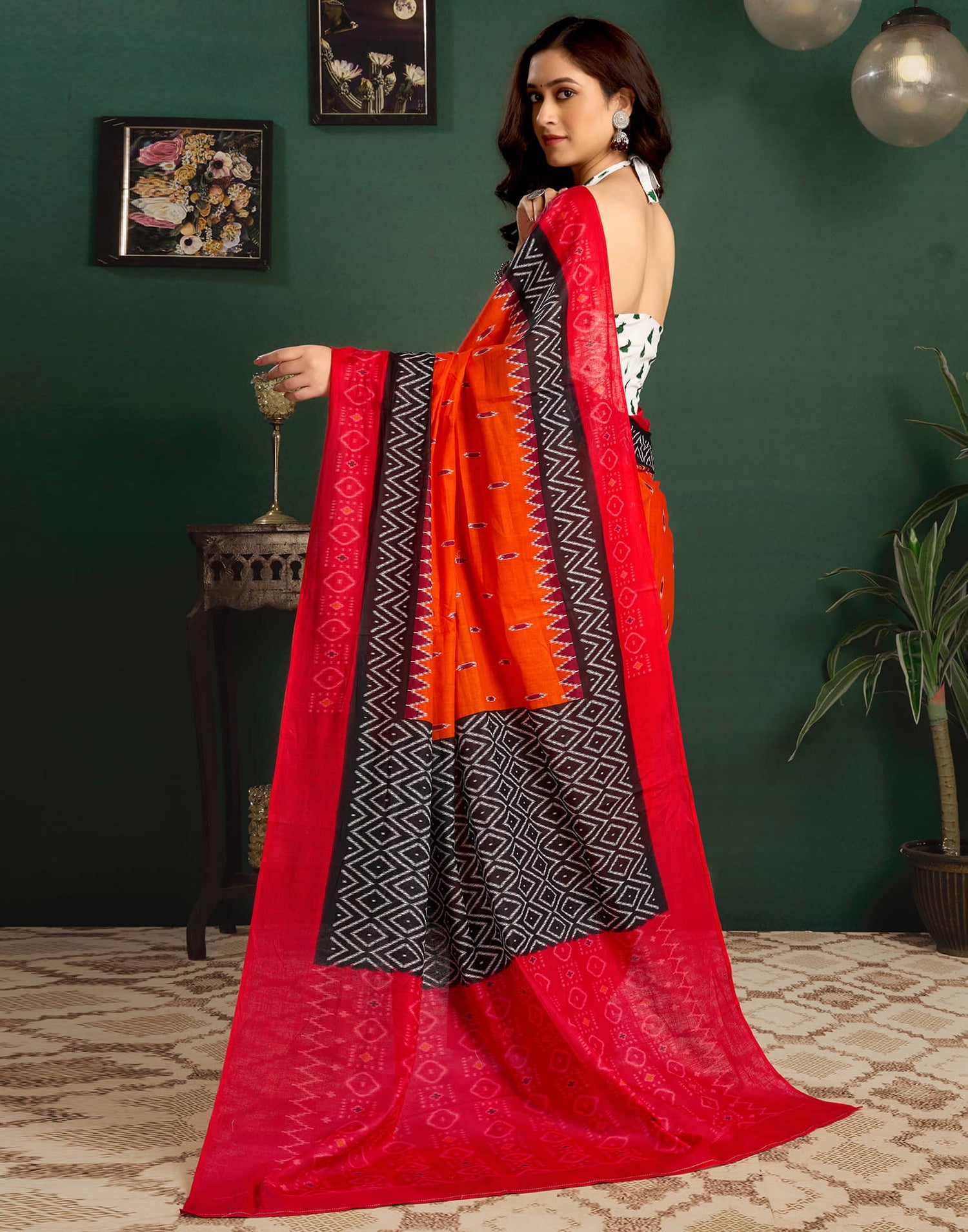 Orange Cotton Ikkat Printed Saree