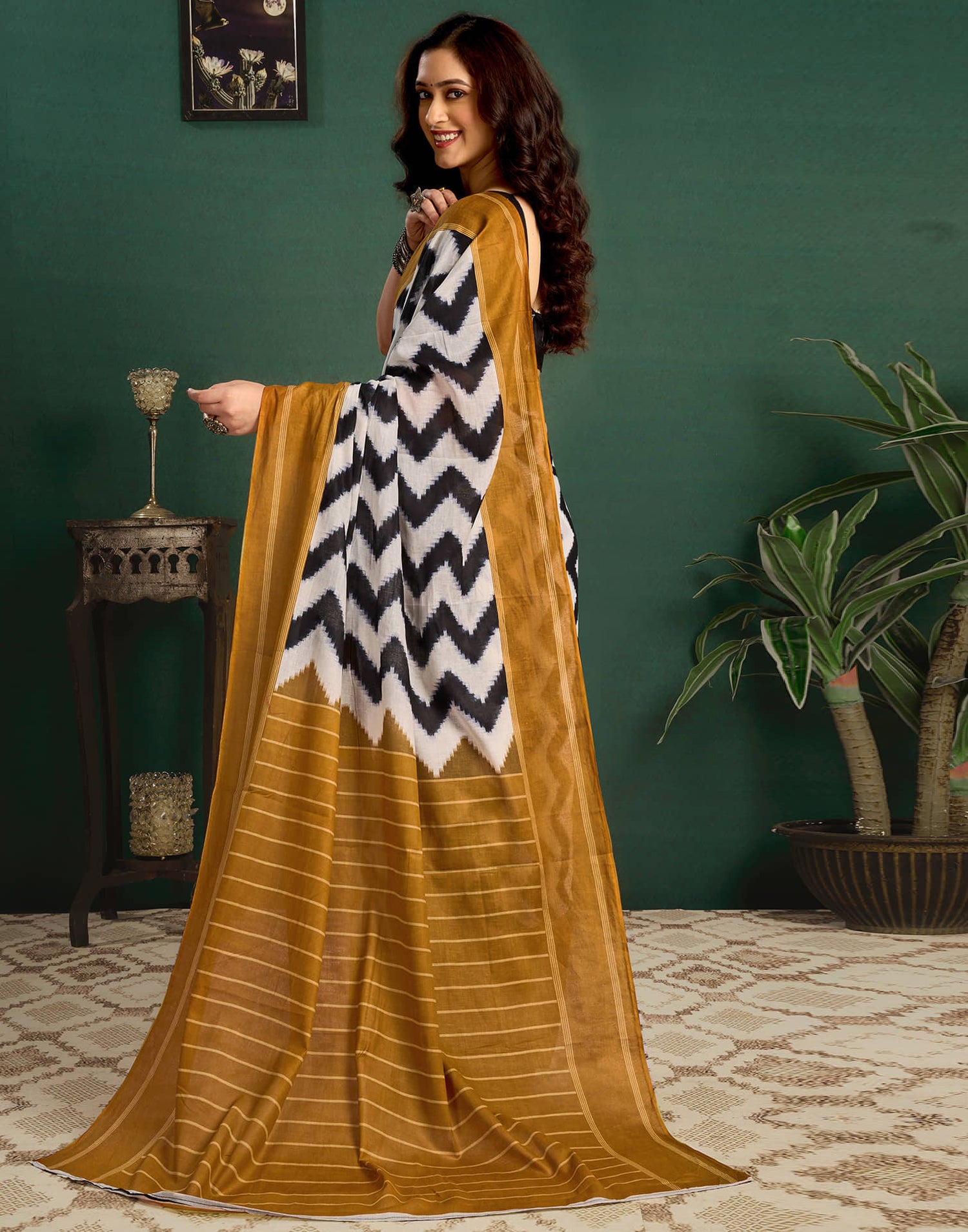 Mustard Yellow Cotton Printed Saree