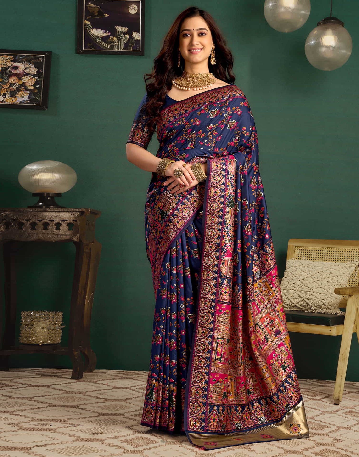 Navy Blue Silk Minakari Banarasi Saree
