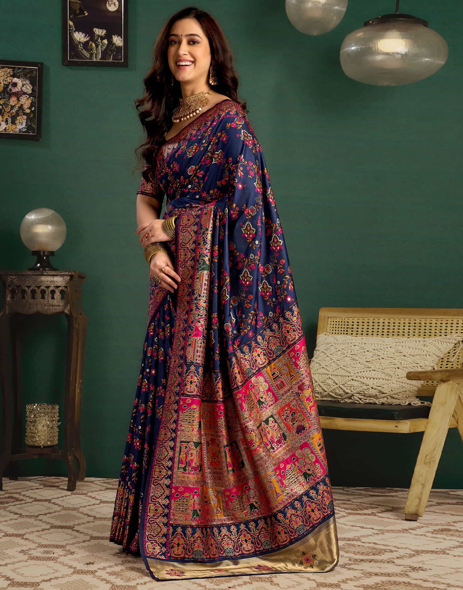 Navy Blue Silk Minakari Banarasi Saree