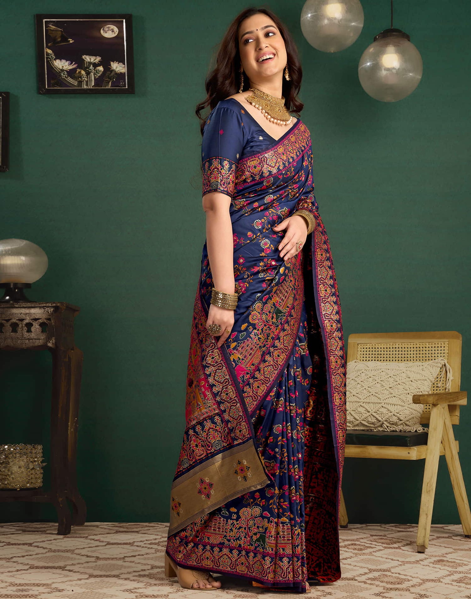 Navy Blue Silk Minakari Banarasi Saree