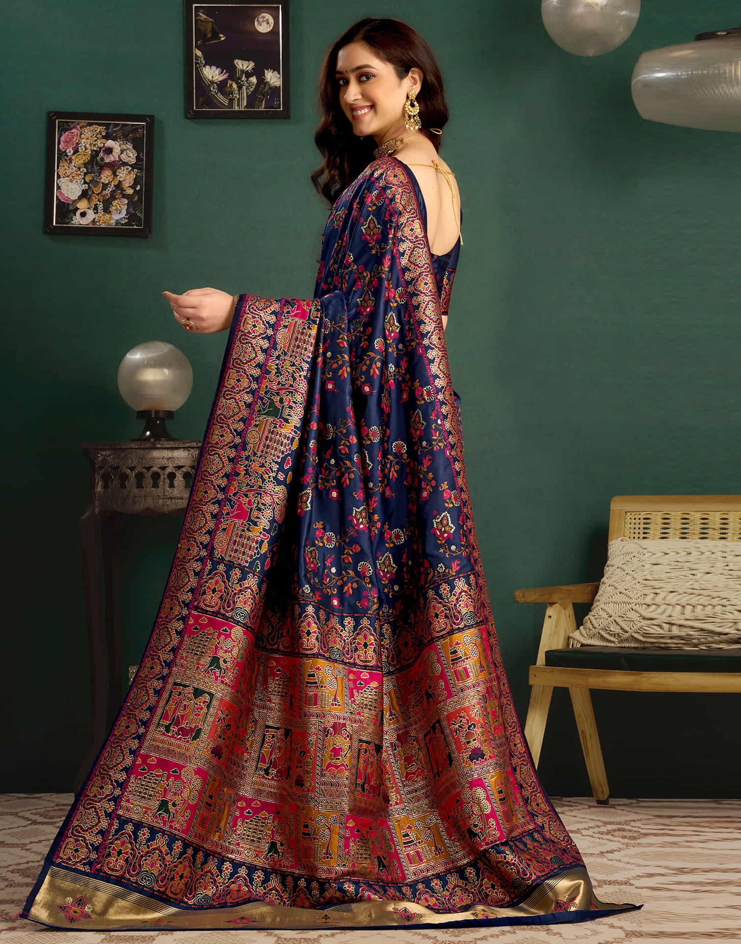 Navy Blue Silk Minakari Banarasi Saree