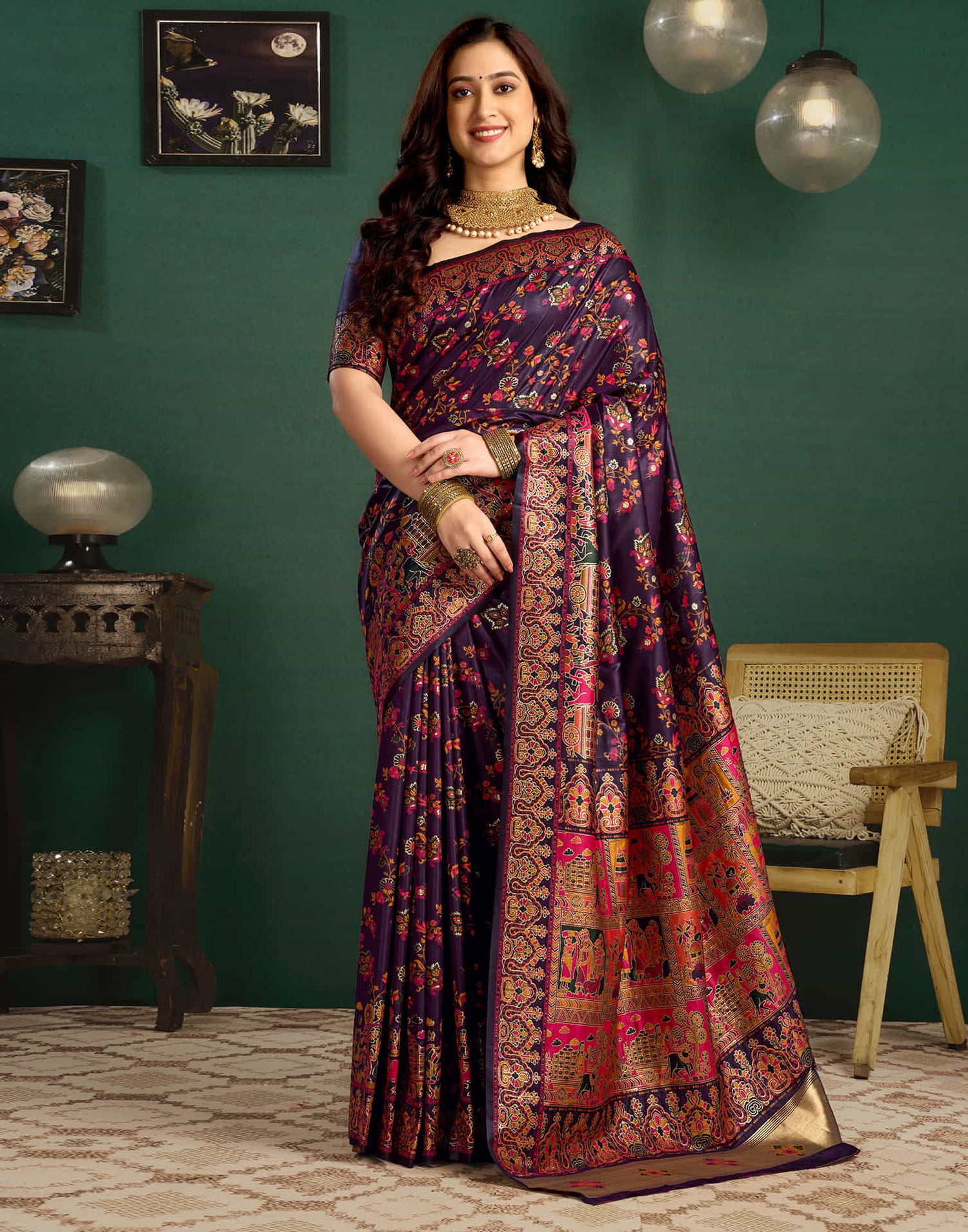 Wine Silk Minakari Banarasi Saree