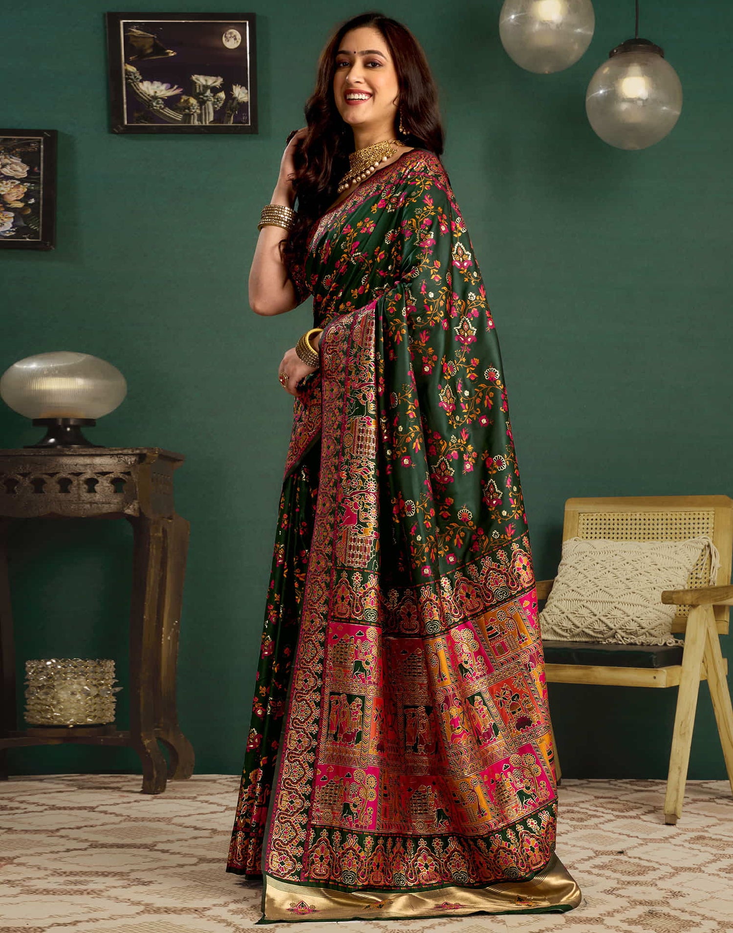 Dark Green Silk Minakari Banarasi Saree