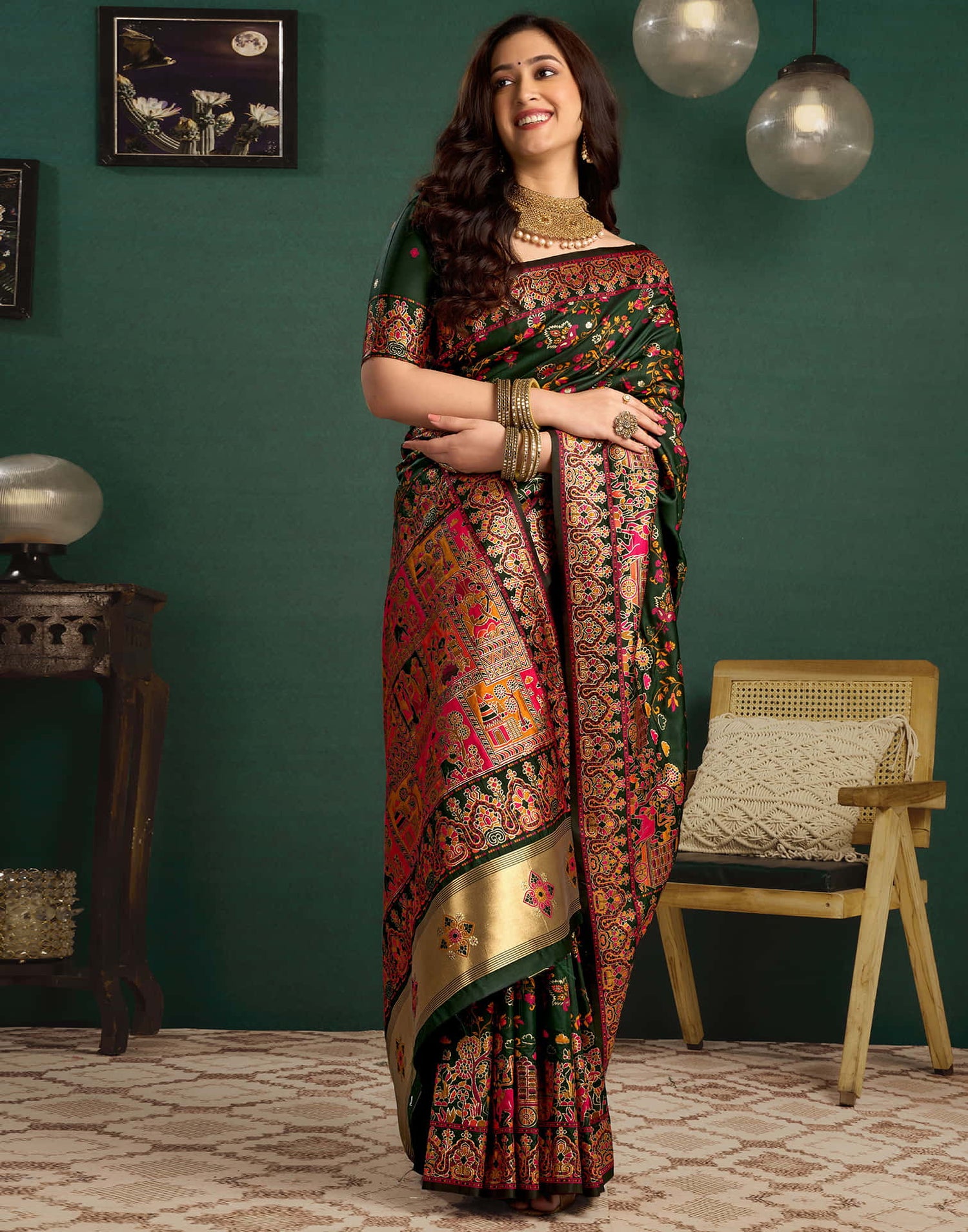 Dark Green Silk Minakari Banarasi Saree