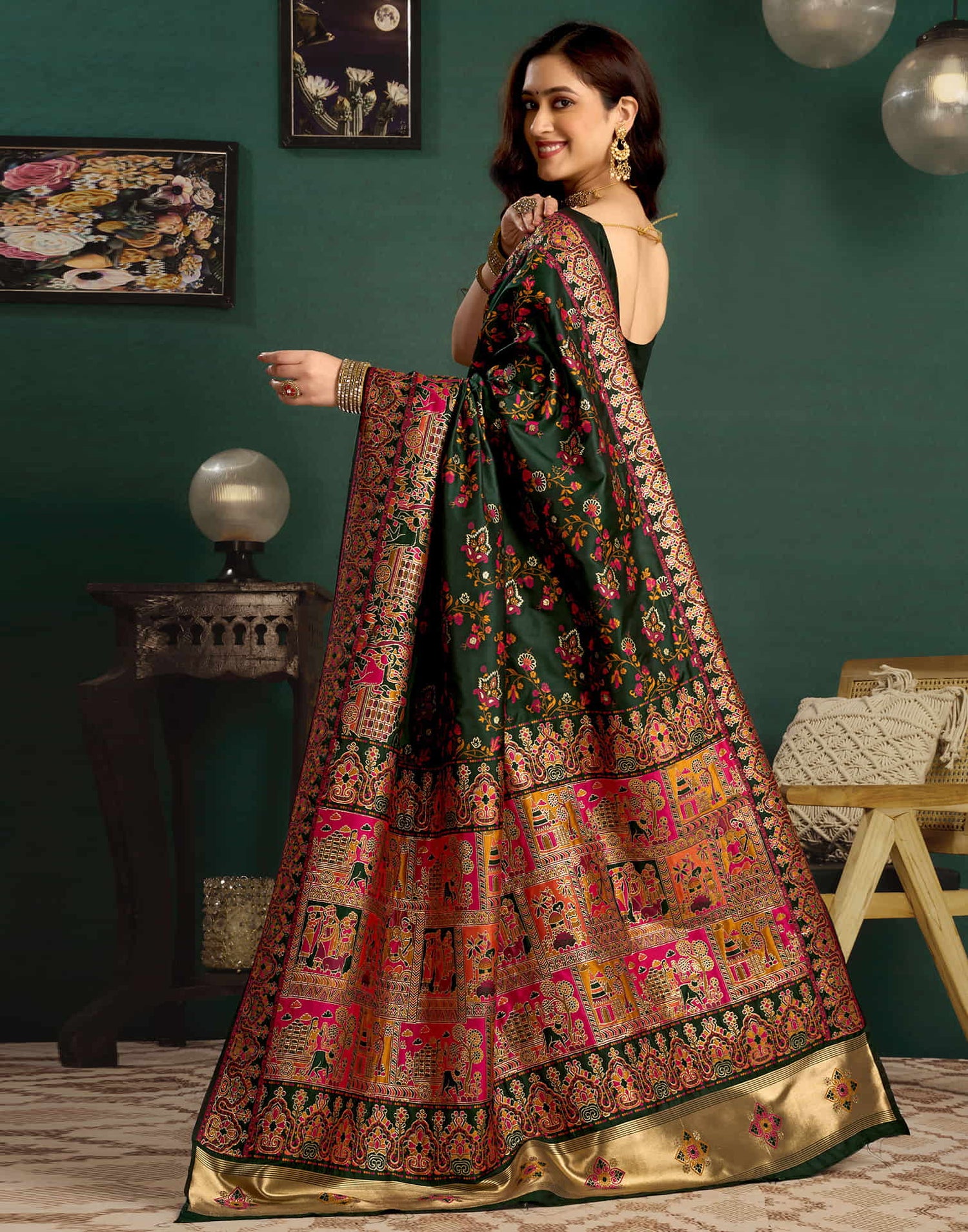 Dark Green Silk Minakari Banarasi Saree