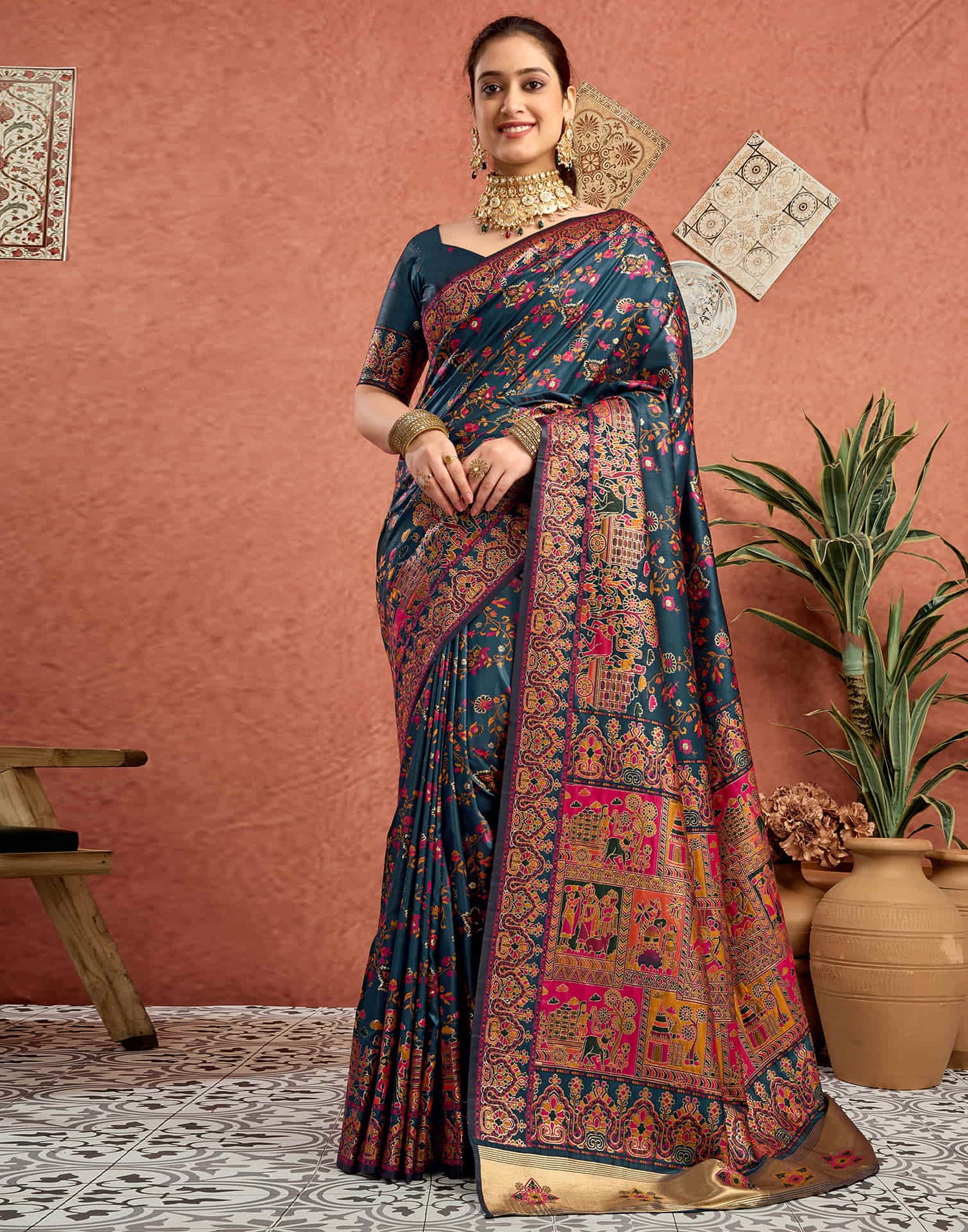 Rama Blue Silk Minakari Banarasi Saree