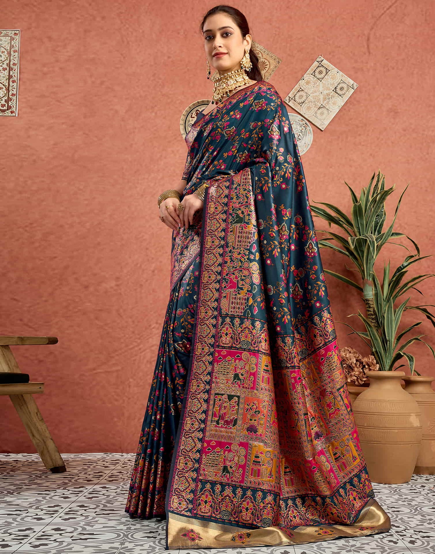 Rama Blue Silk Minakari Banarasi Saree