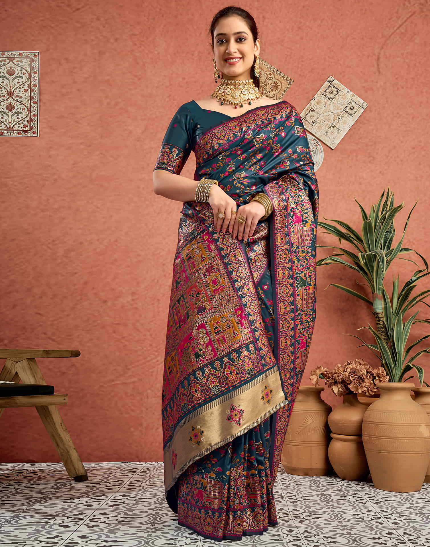 Rama Blue Silk Minakari Banarasi Saree