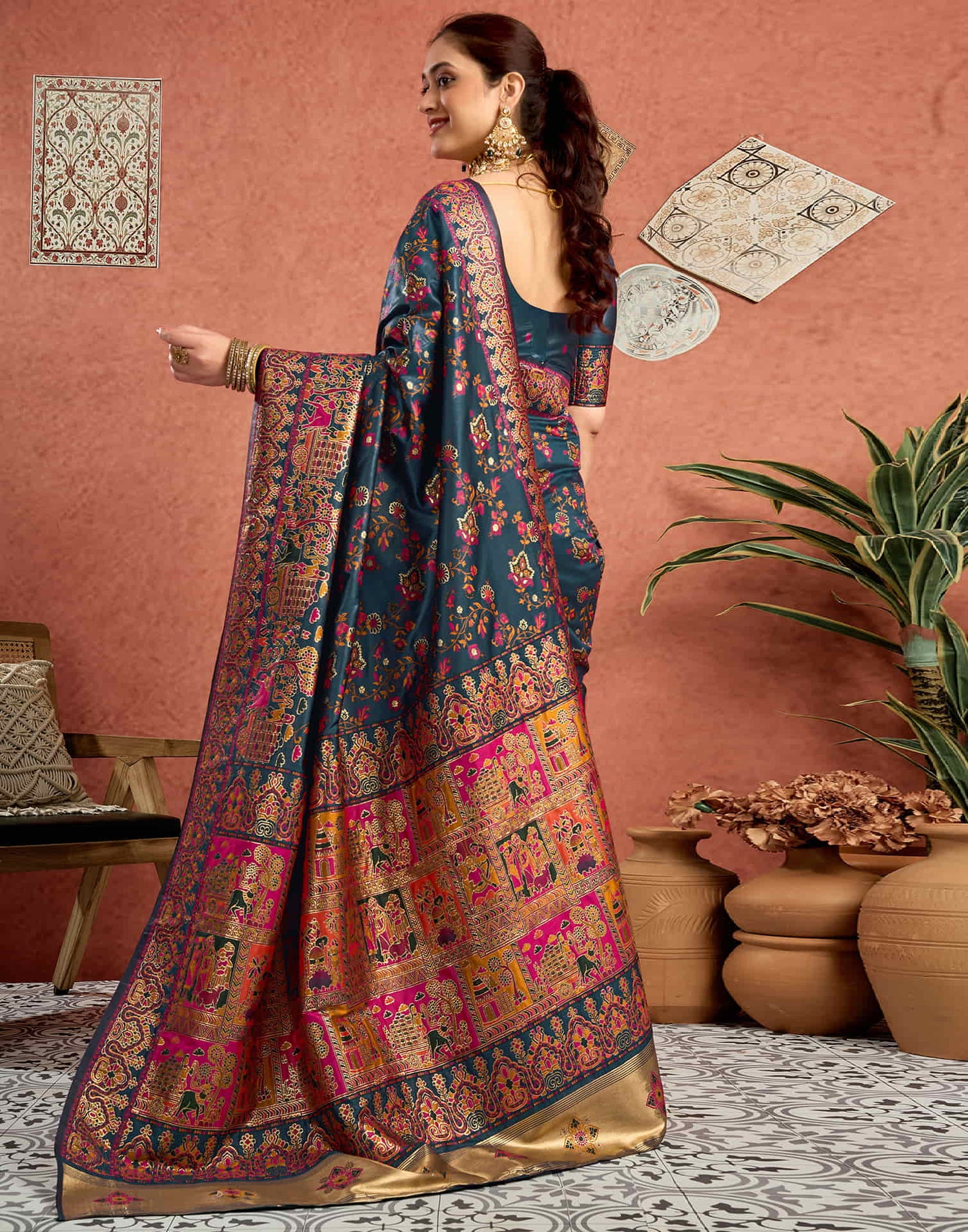 Rama Blue Silk Minakari Banarasi Saree