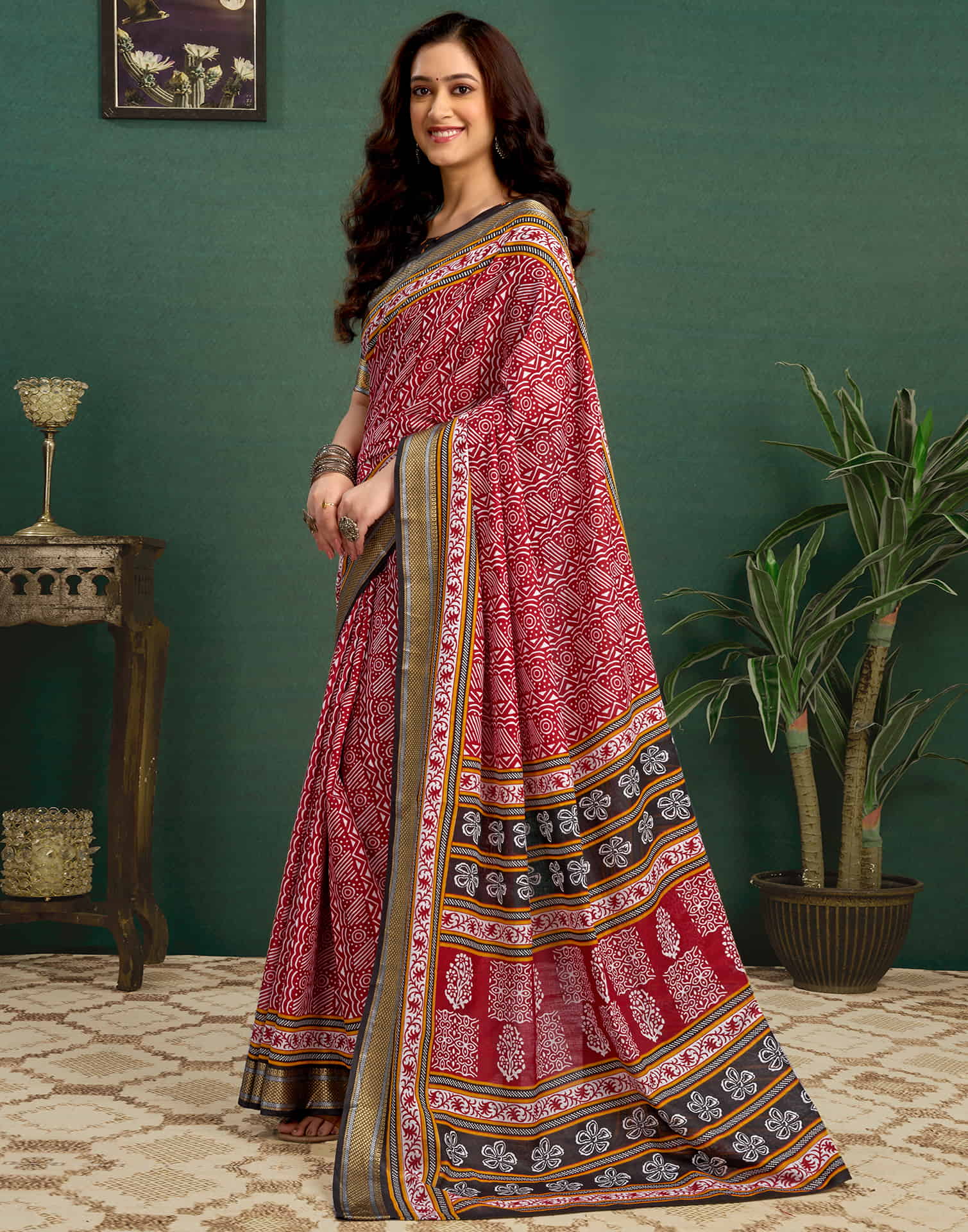 Red Cotton Printed Saree