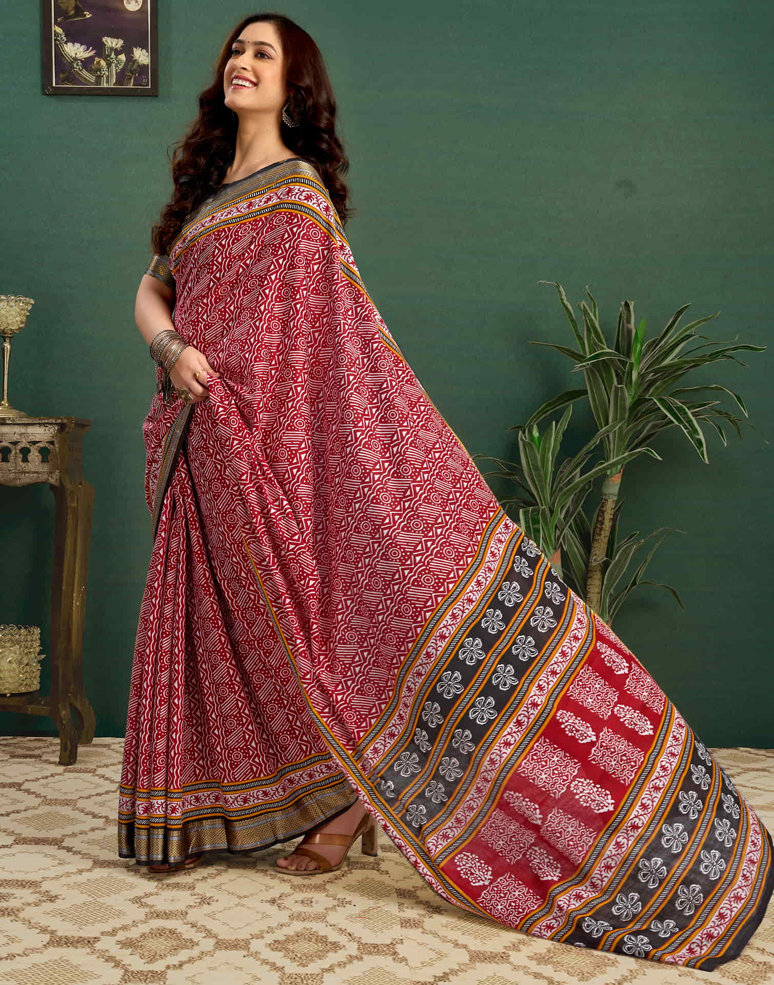 Red Cotton Printed Saree