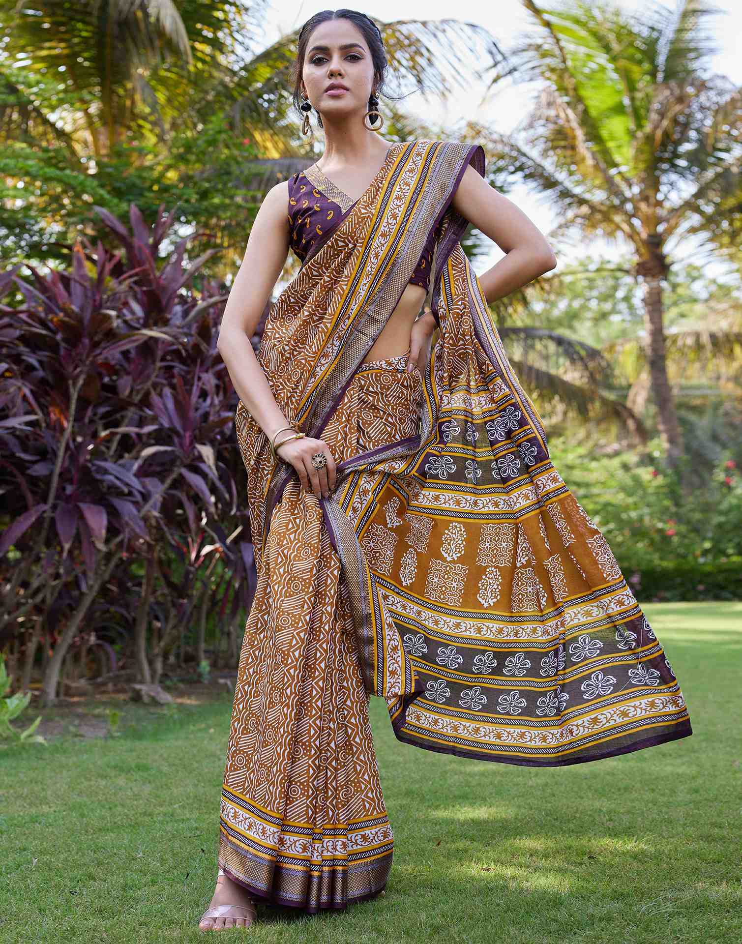 Mustard Yellow Cotton Printed Saree