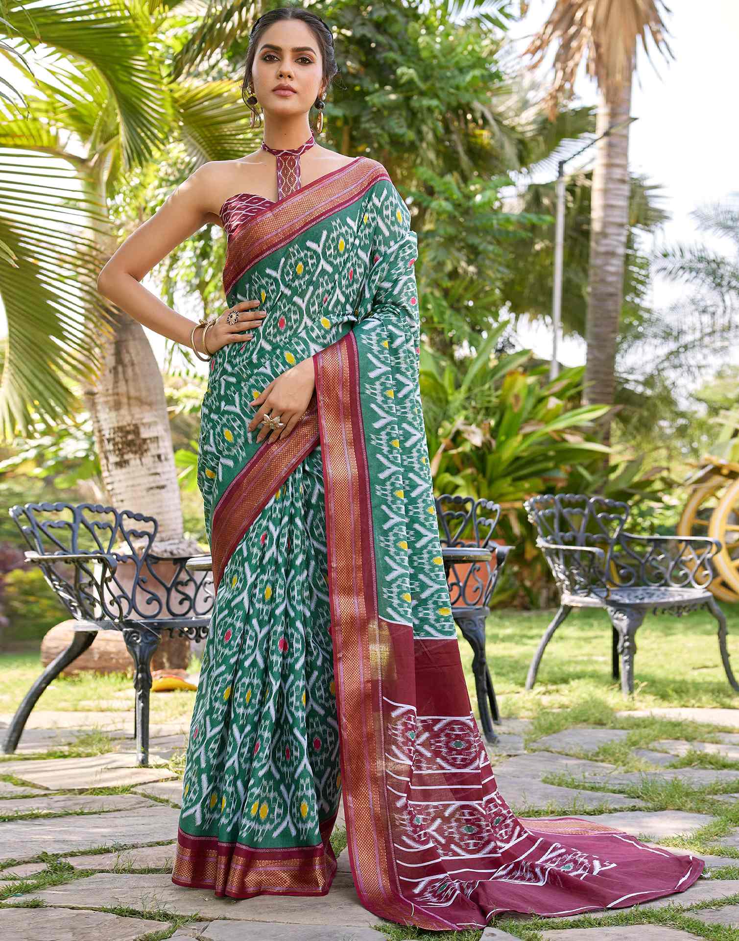 Green Cotton Ikkat Printed Saree