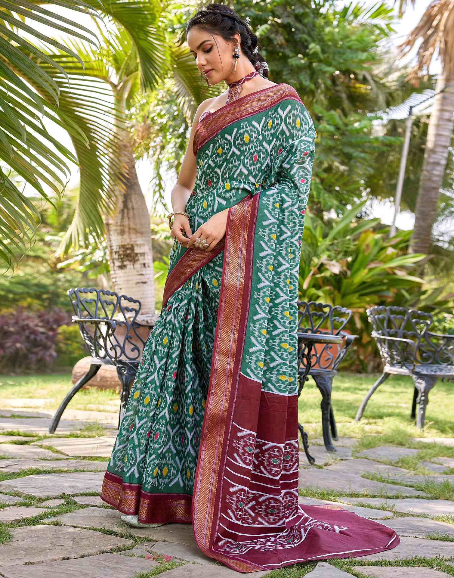 Green Cotton Ikkat Printed Saree