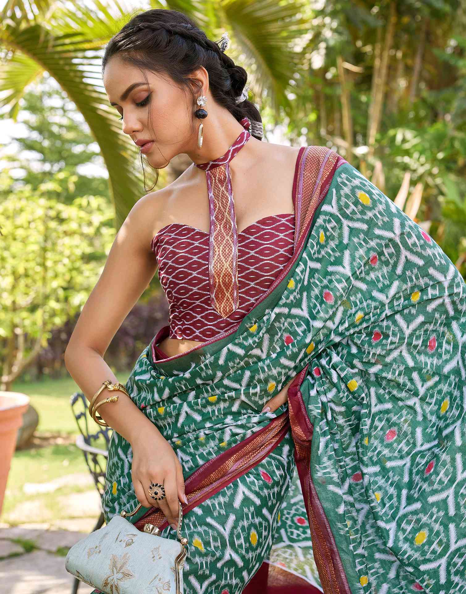 Green Cotton Ikkat Printed Saree