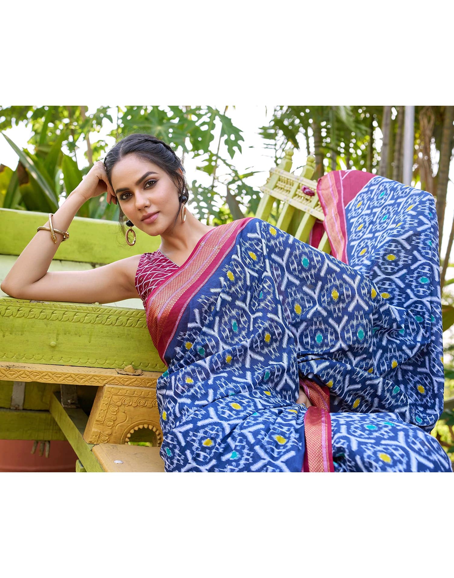 Dark Blue Cotton Ikkat Printed Saree