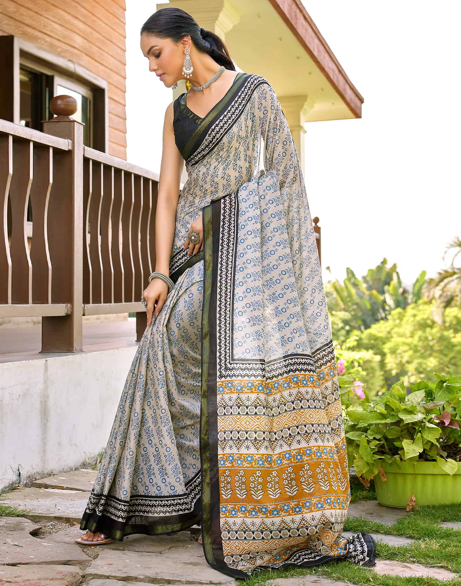 Off White Cotton Printed Saree