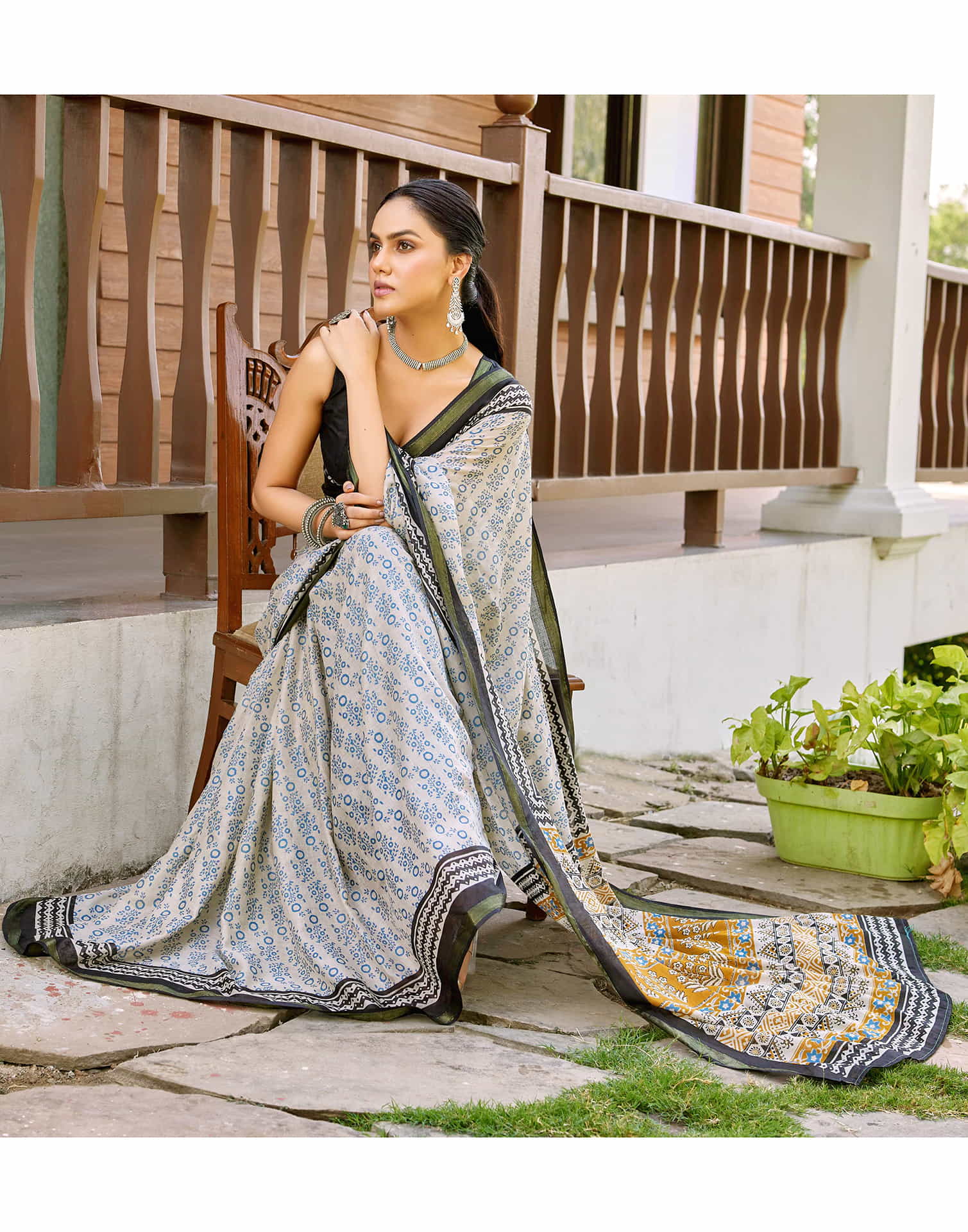 Off White Cotton Printed Saree