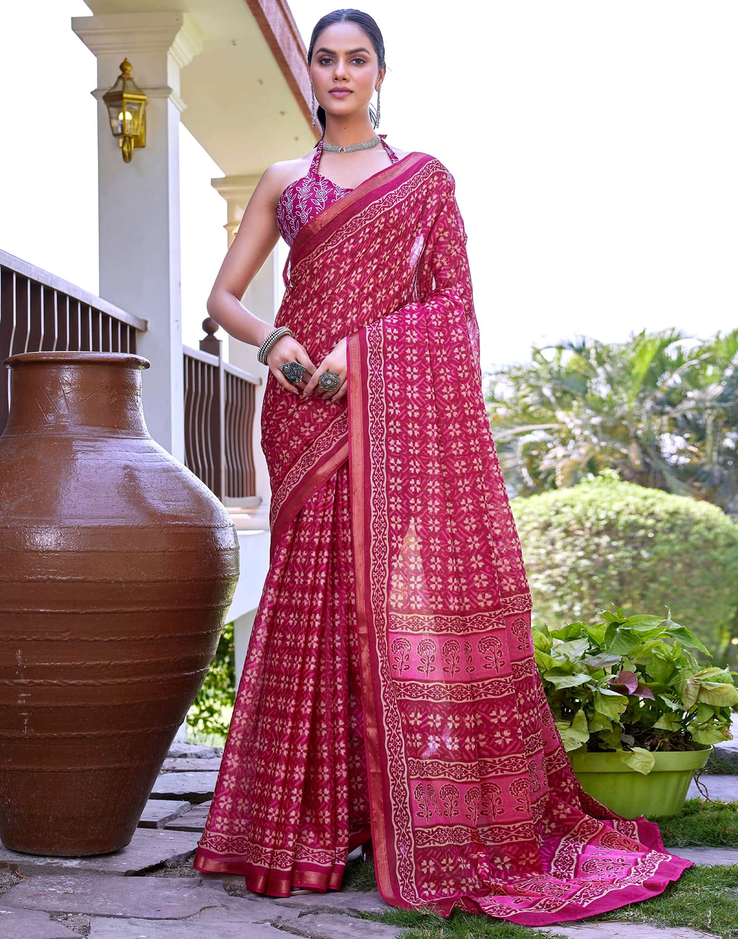 Rani Pink Cotton Printed Saree