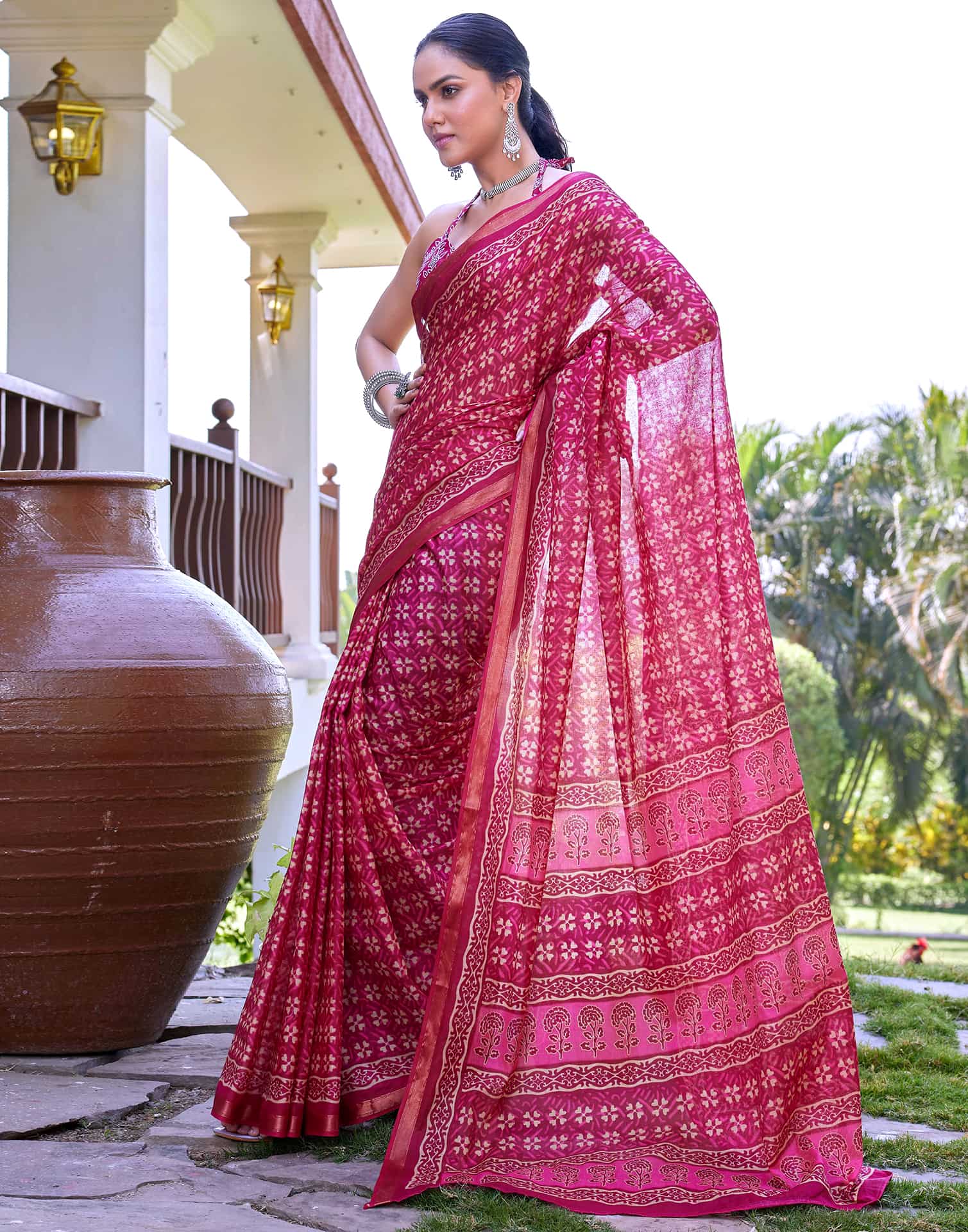Rani Pink Cotton Printed Saree