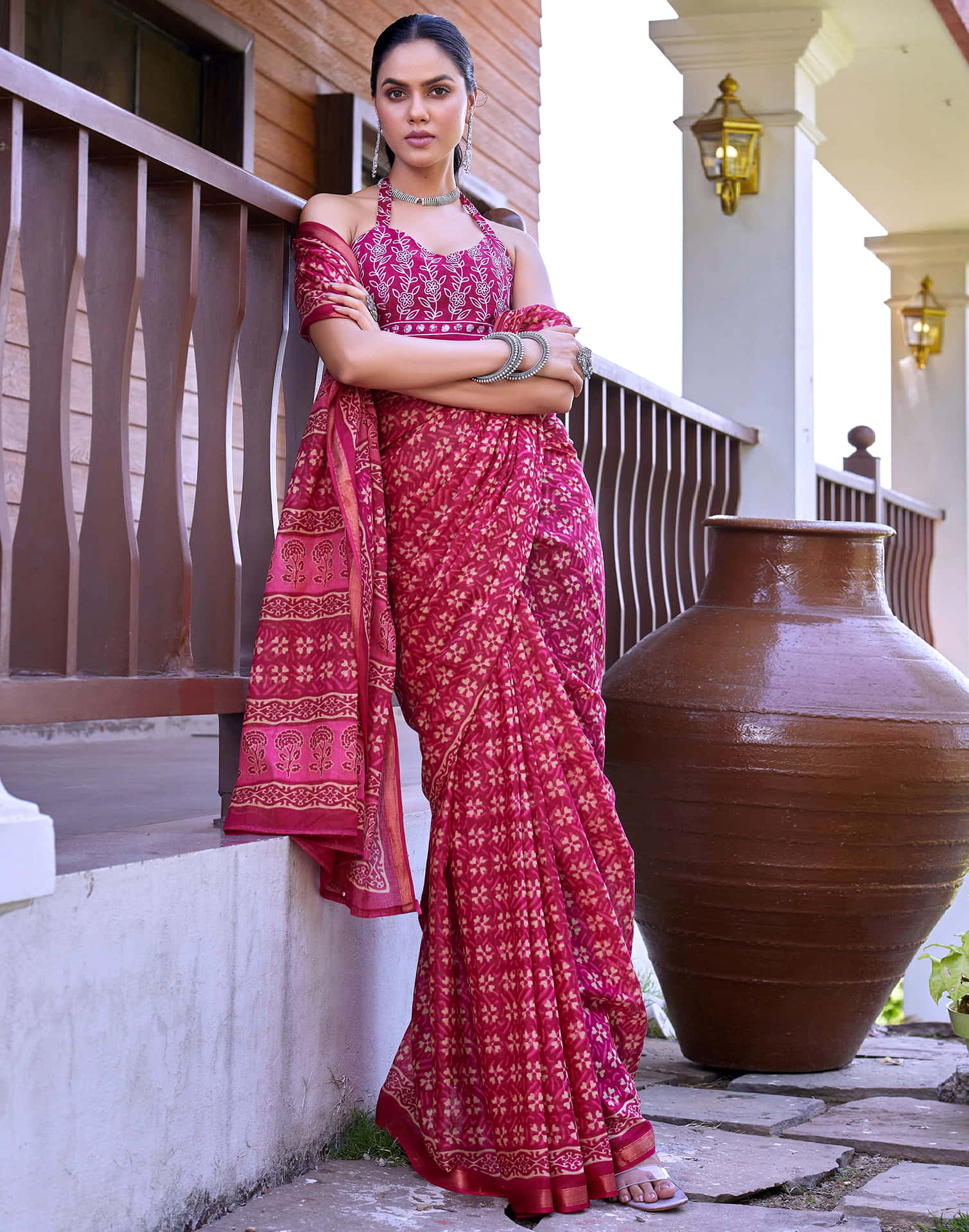 Rani Pink Cotton Printed Saree