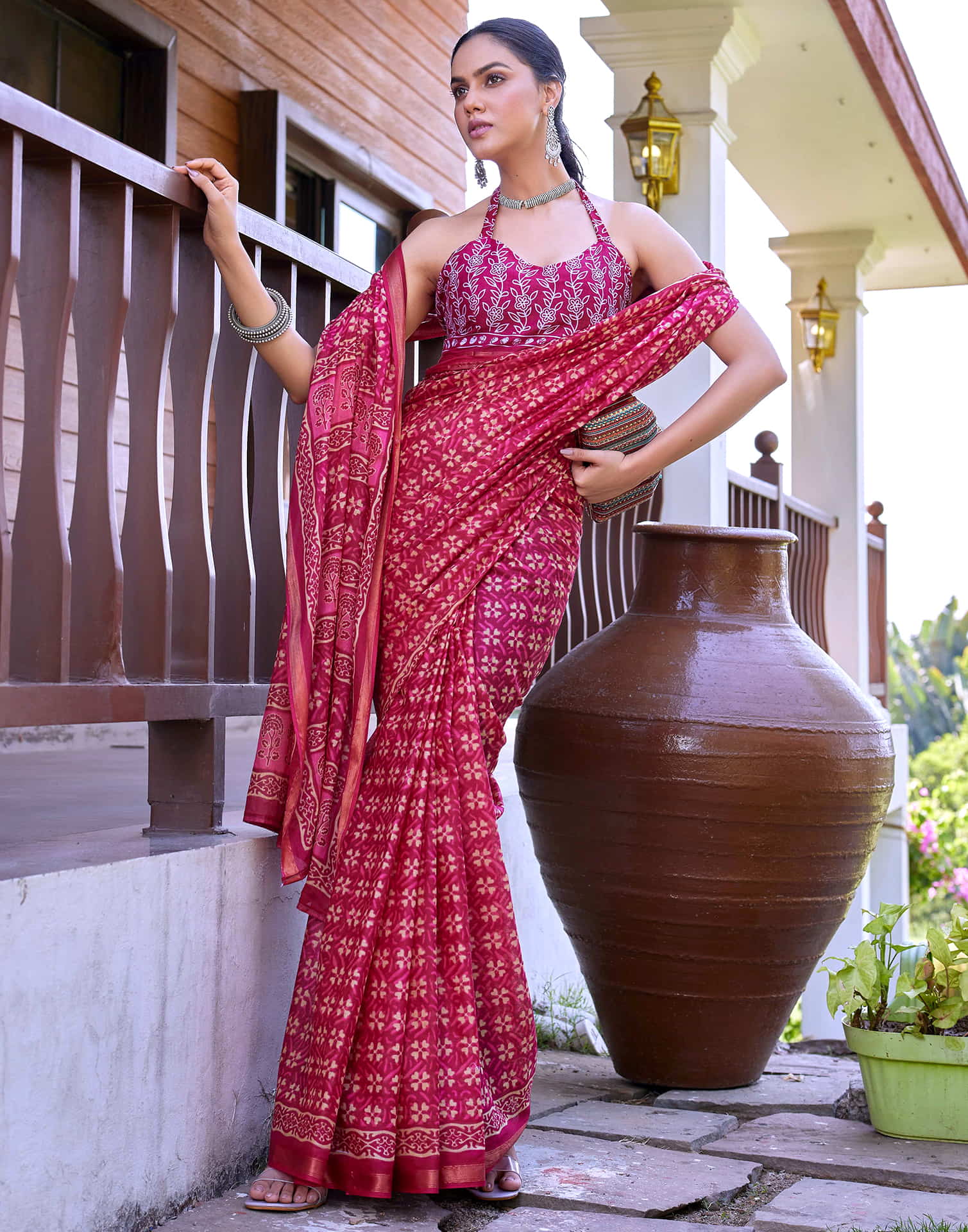 Rani Pink Cotton Printed Saree