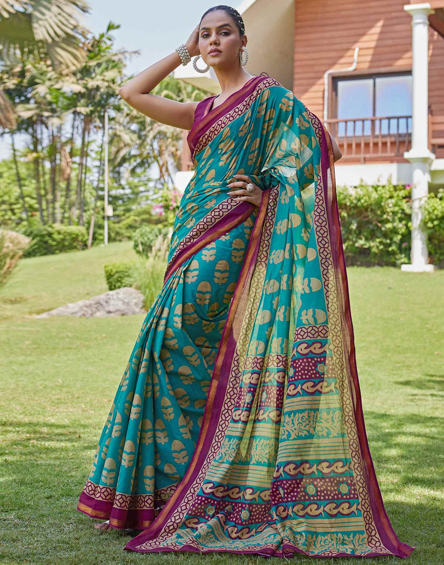 Teal Green Cotton Printed Saree
