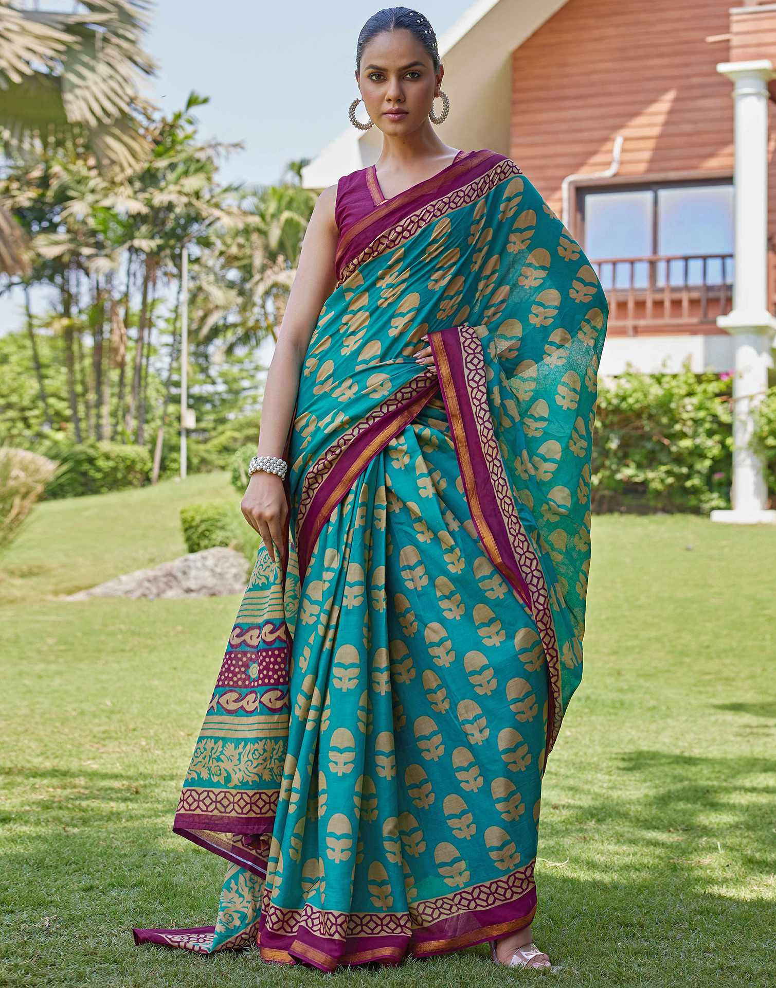 Teal Green Cotton Printed Saree