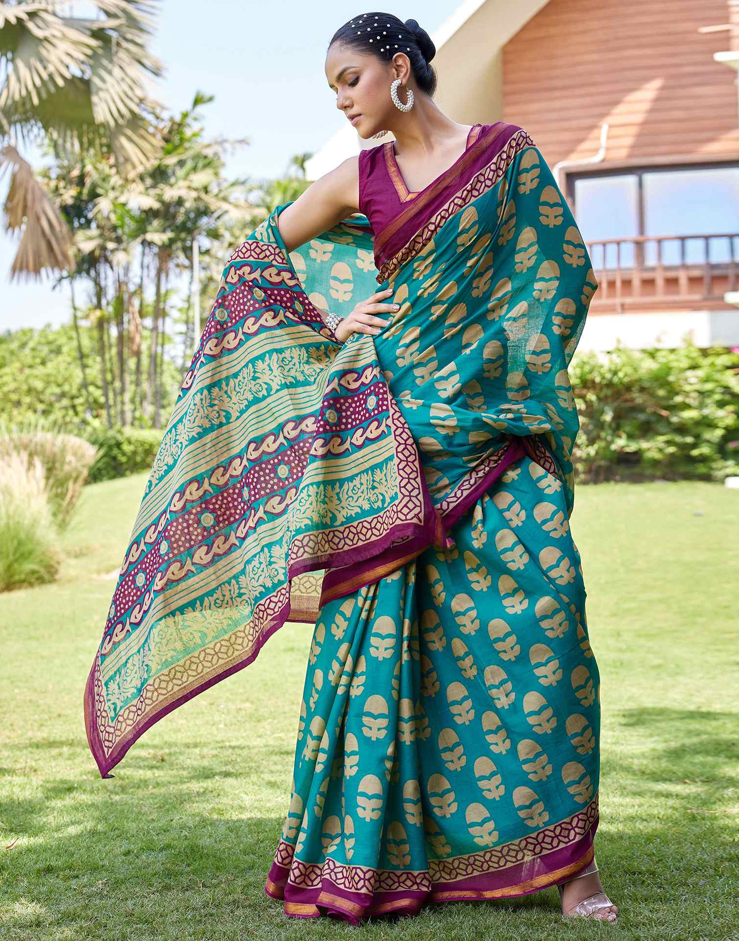 Teal Green Cotton Printed Saree