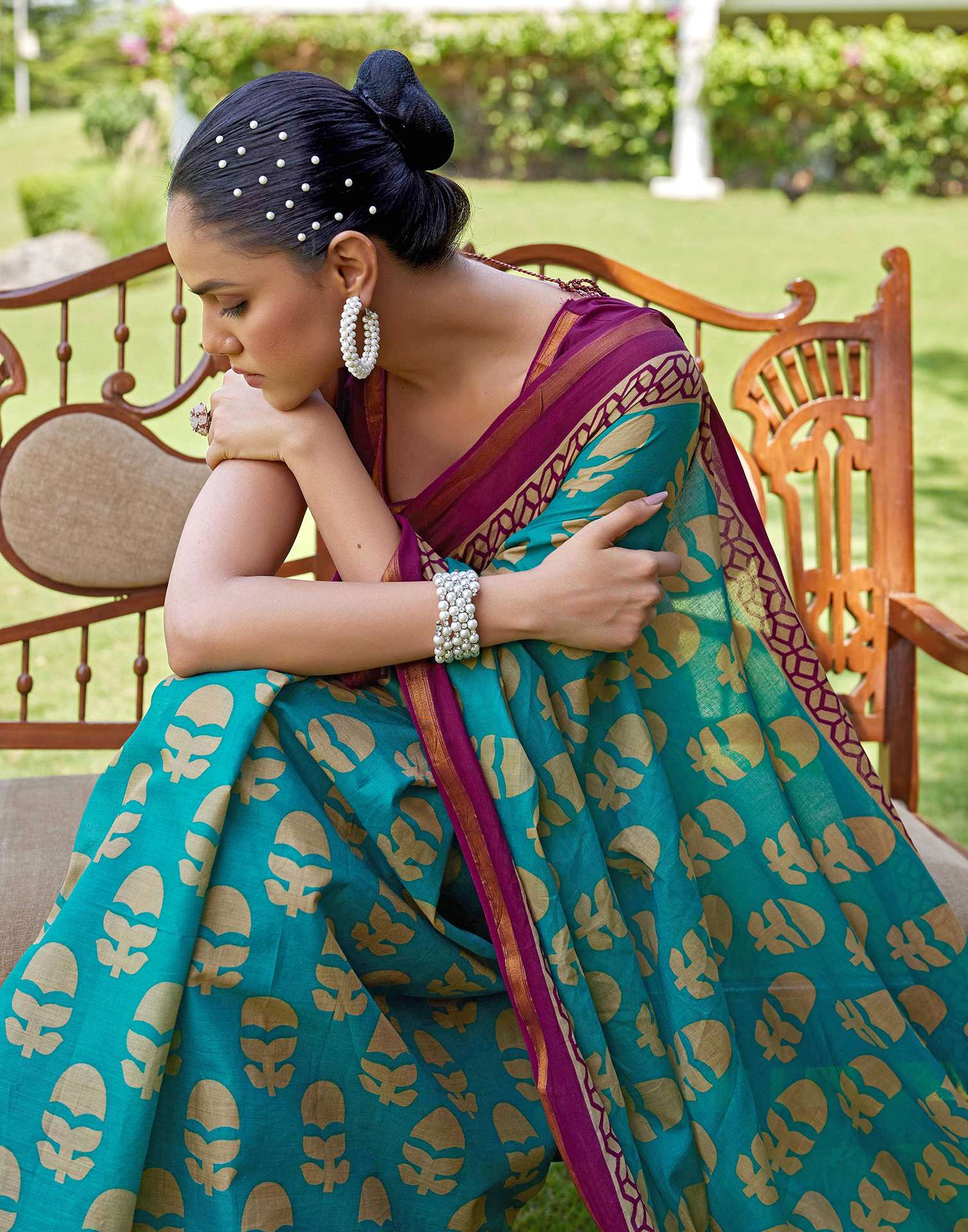 Teal Green Cotton Printed Saree