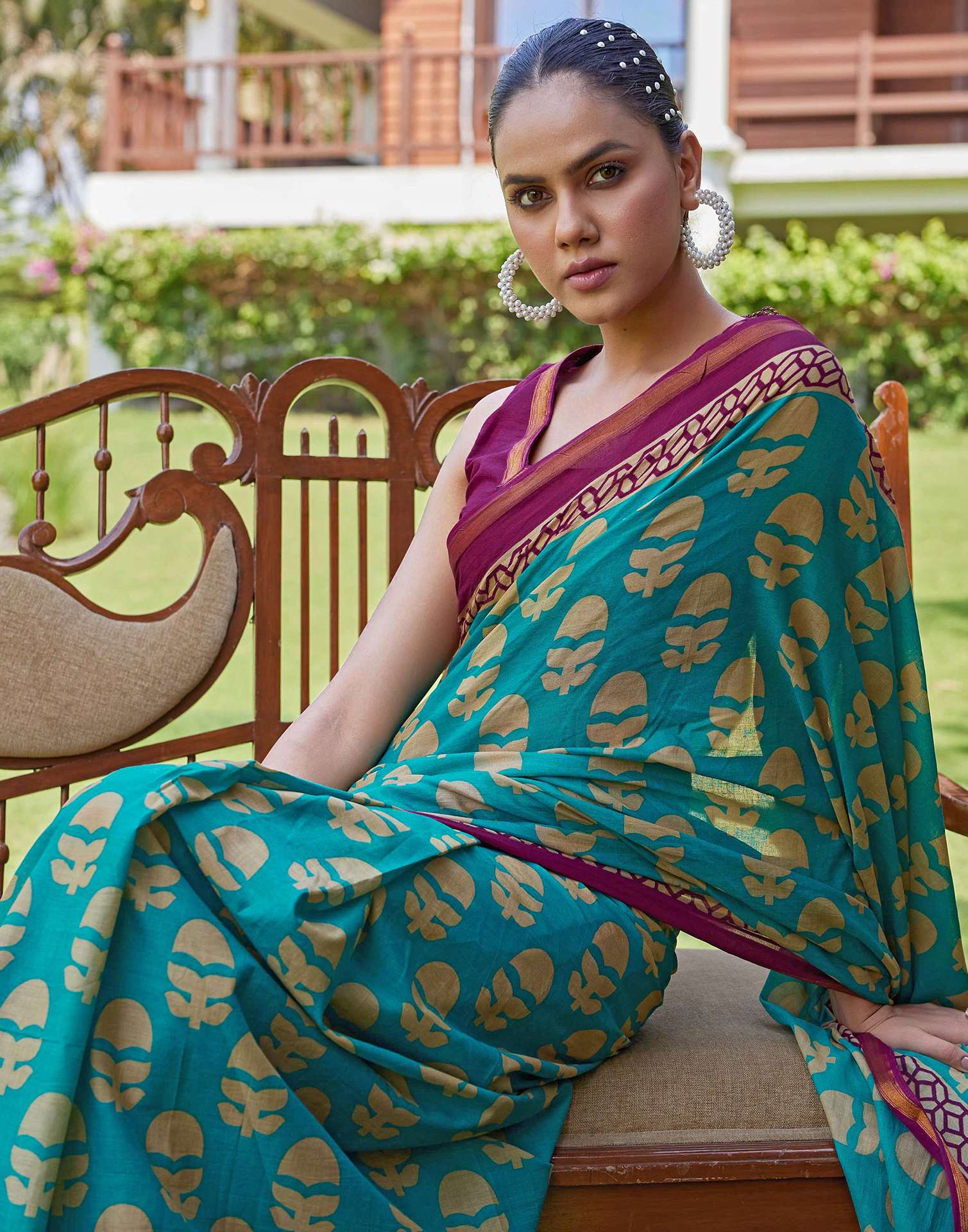 Teal Green Cotton Printed Saree