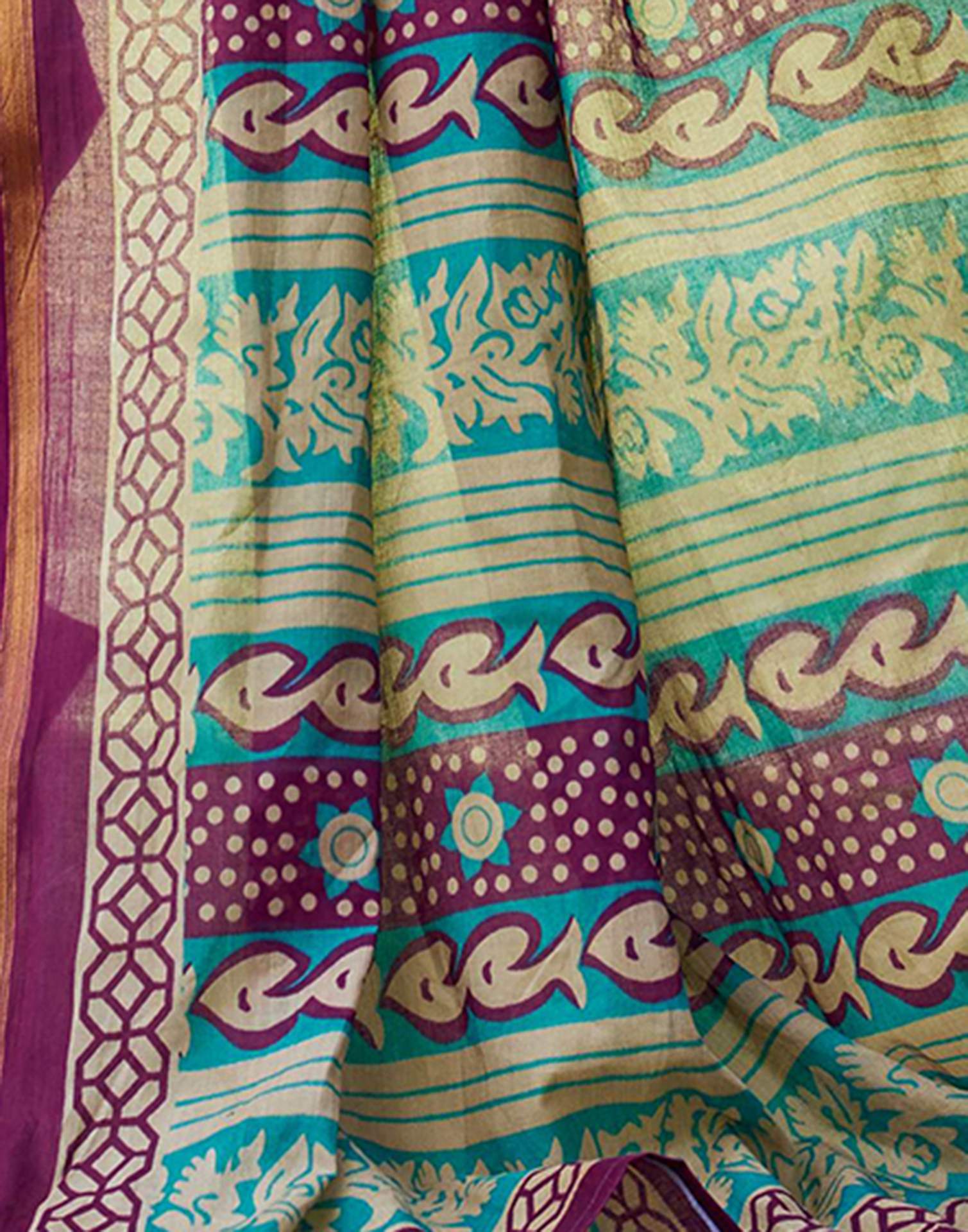 Teal Green Cotton Printed Saree