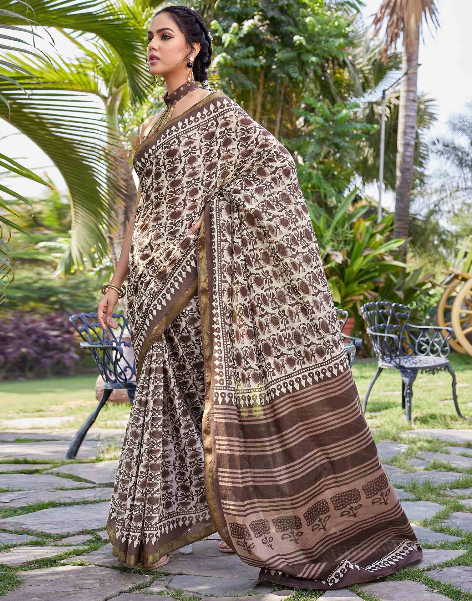 Brown Cotton Printed Saree