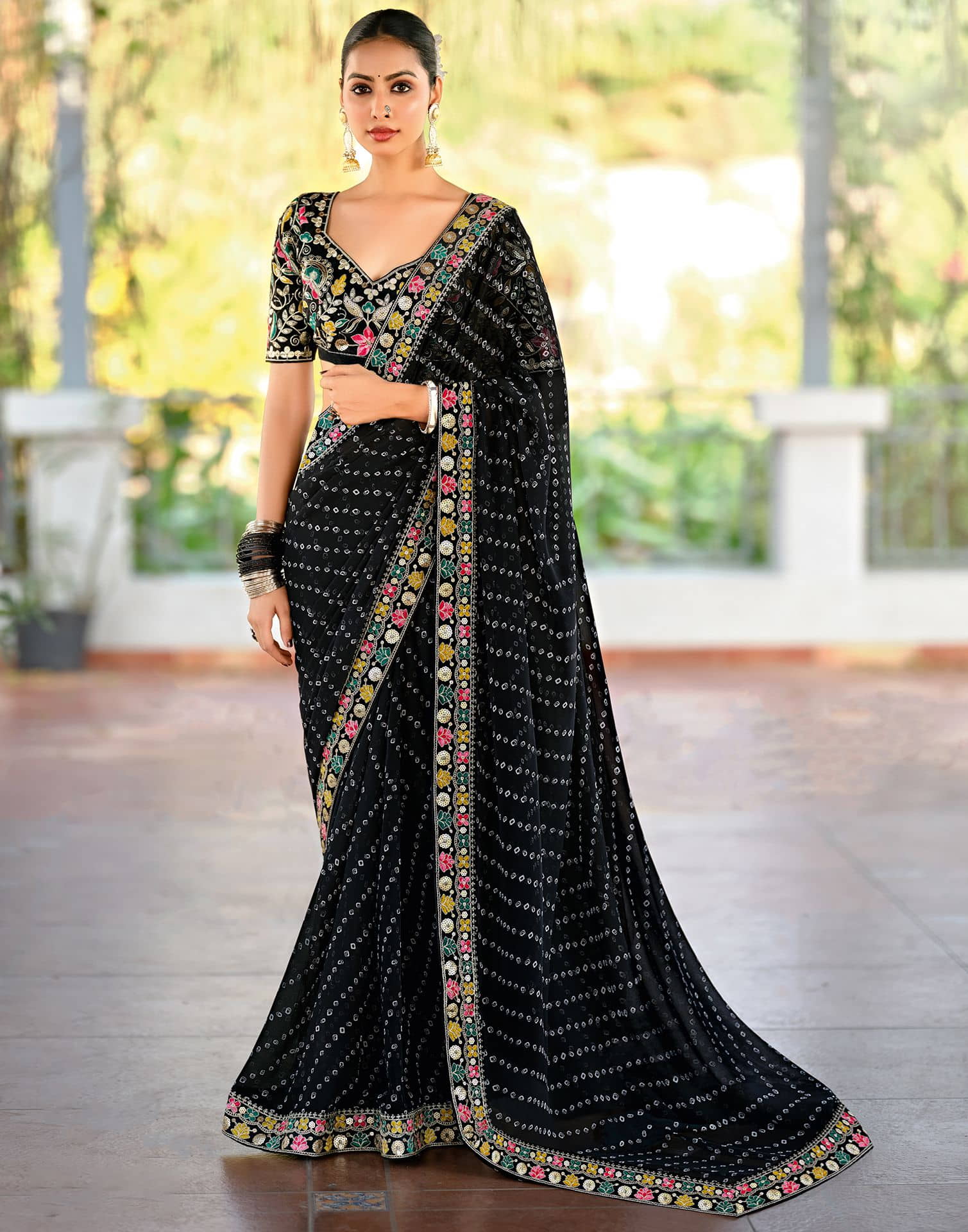 Black Georgette Printed Bandhani Saree