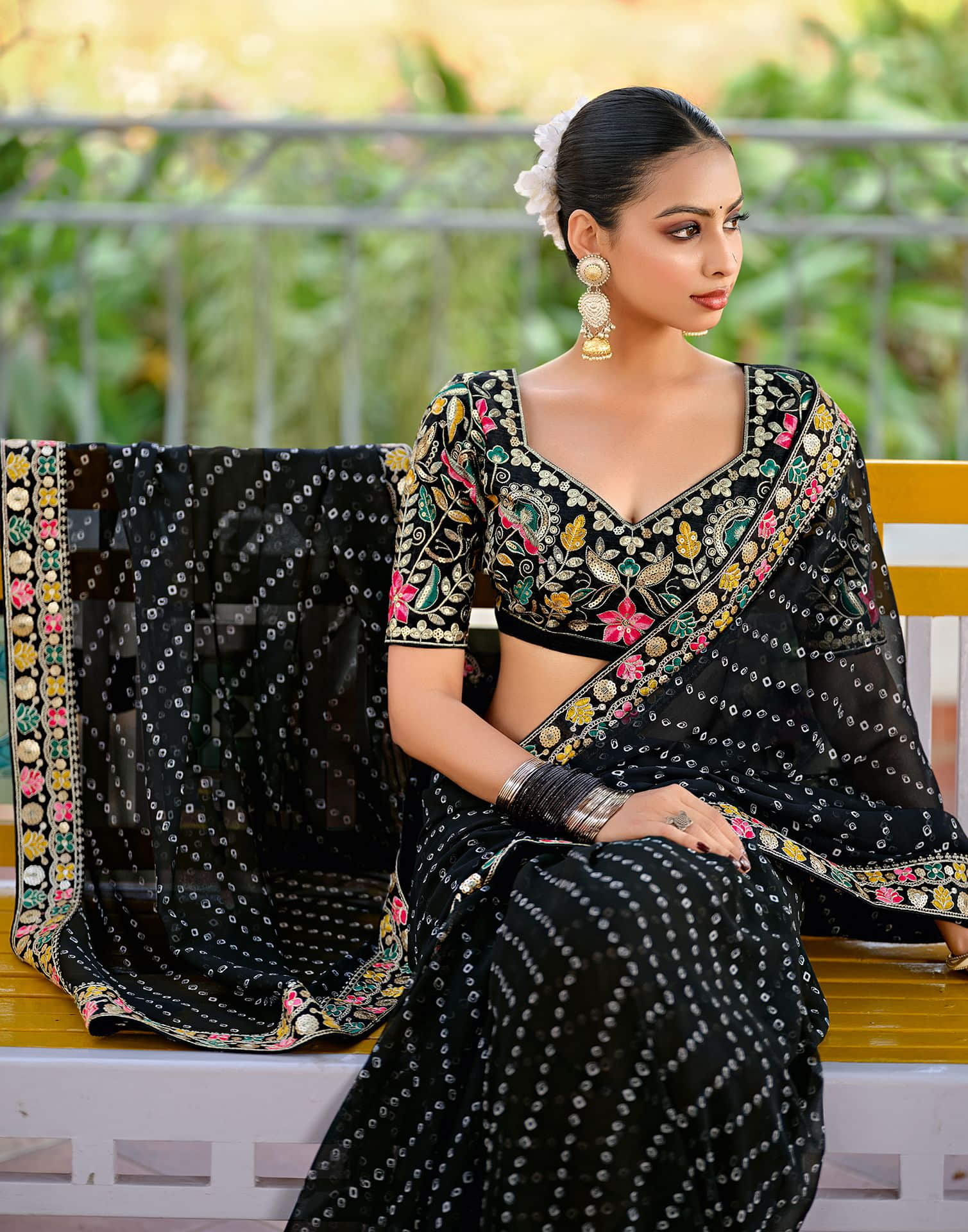 Black Georgette Printed Bandhani Saree
