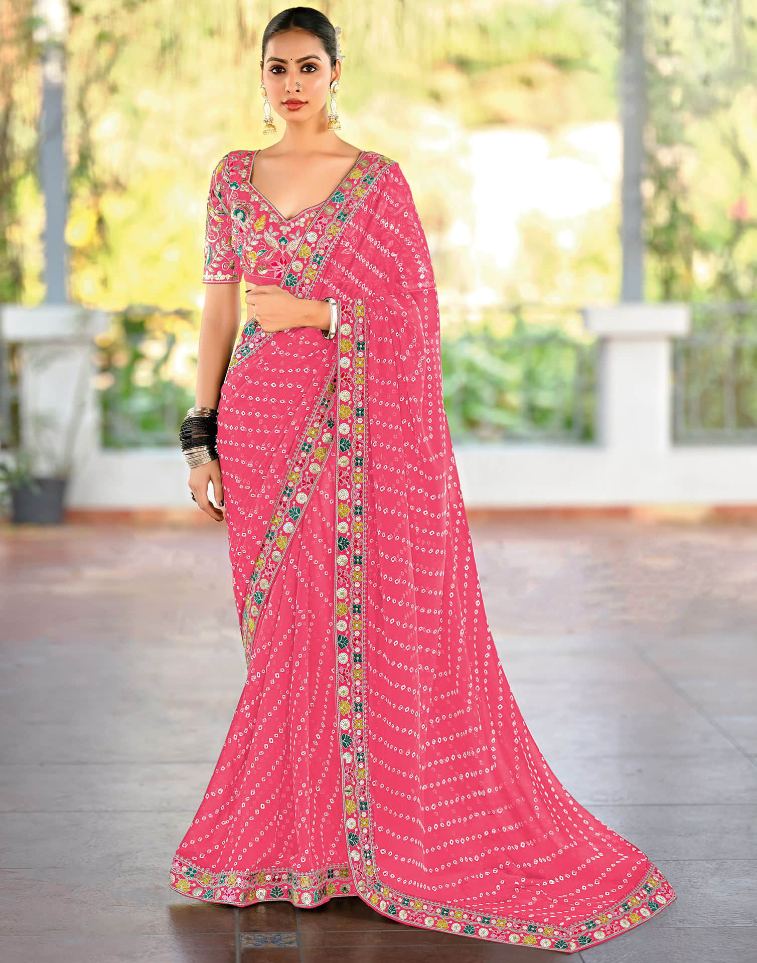 Light Pink Georgette Printed Bandhani Saree