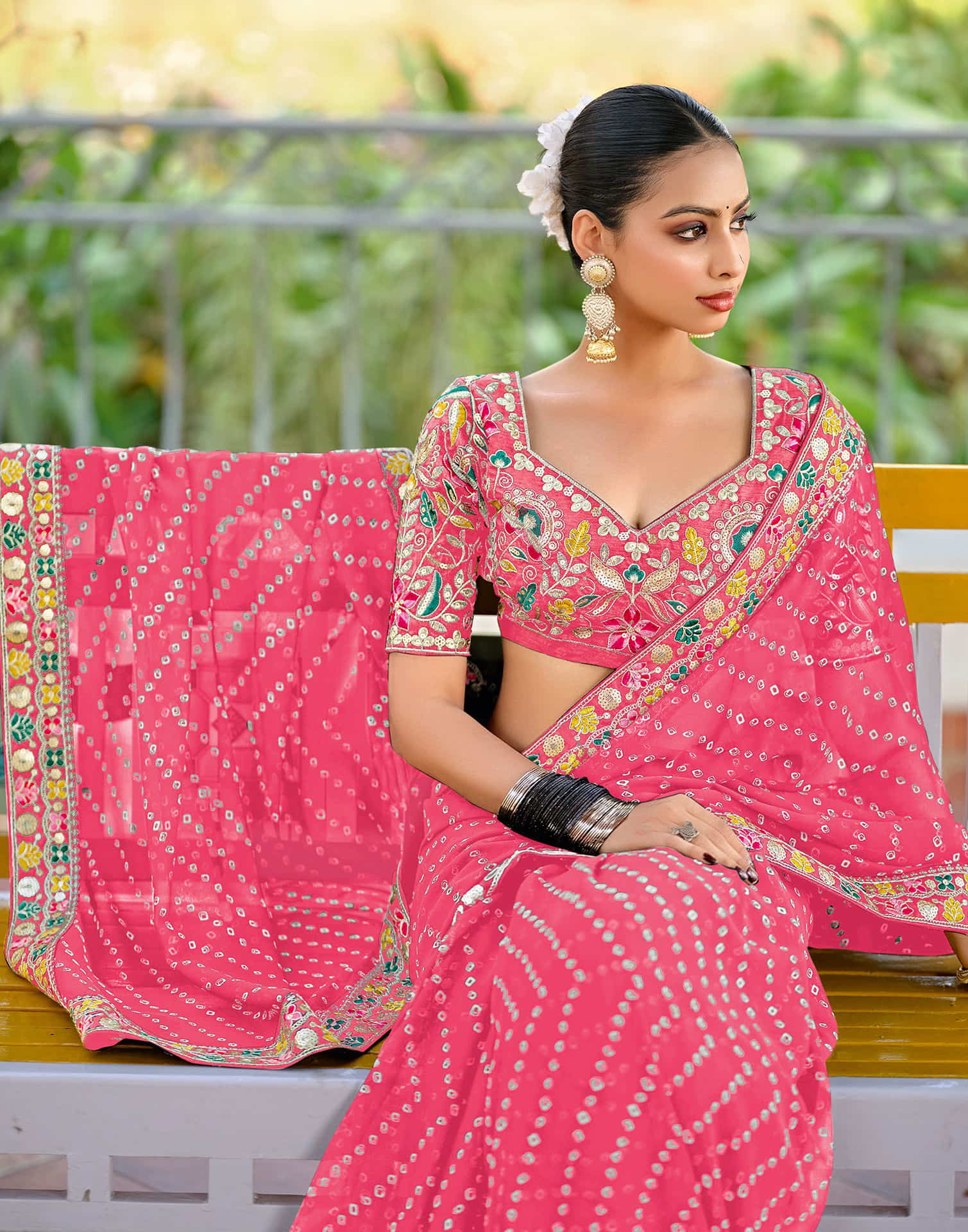 Light Pink Georgette Printed Bandhani Saree