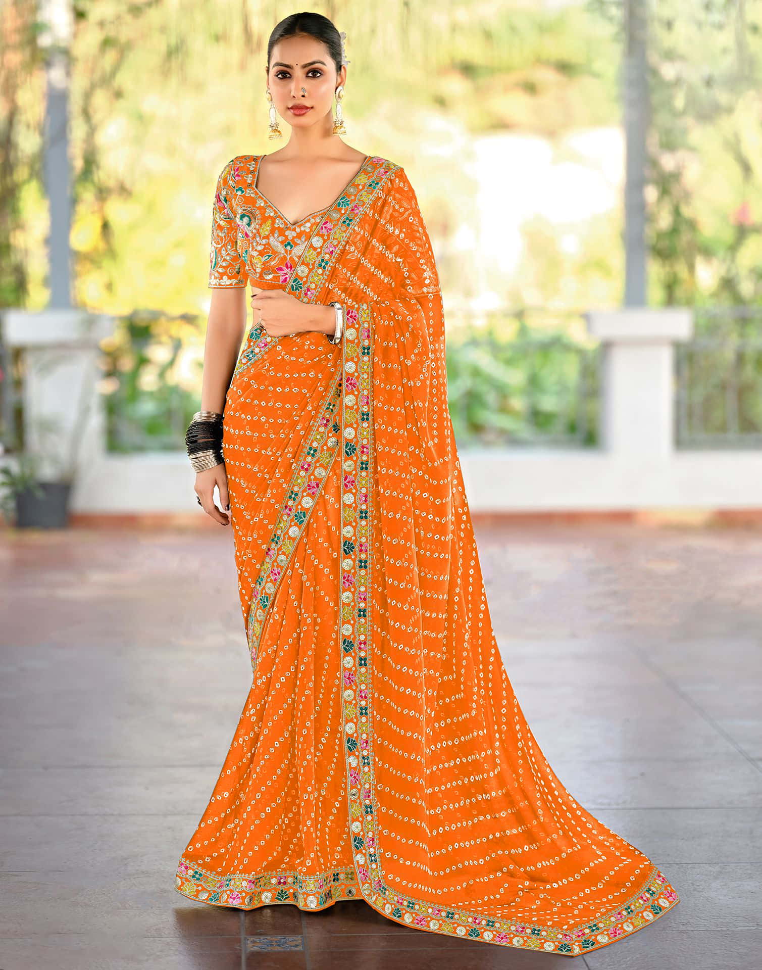 Orange Georgette Printed Bandhani Saree