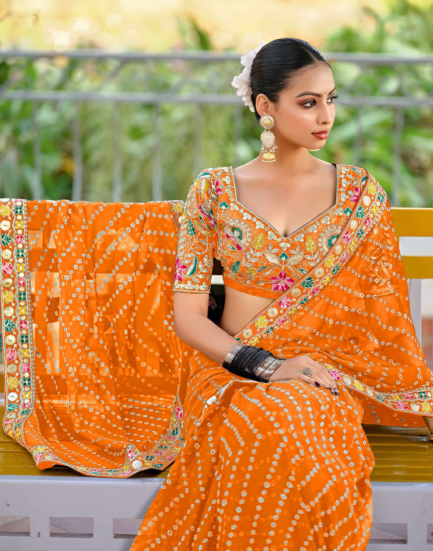 Orange Georgette Printed Bandhani Saree