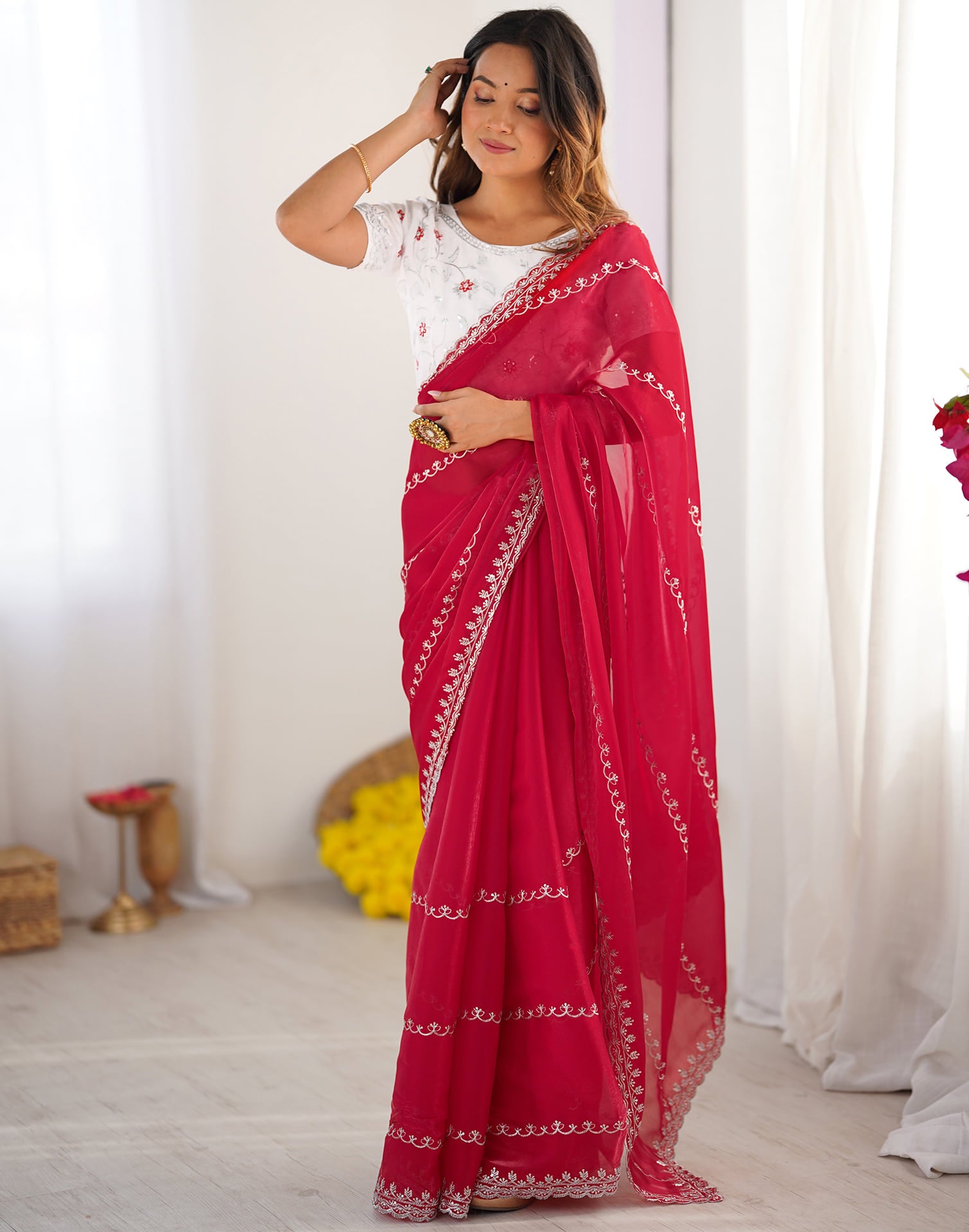 Red Tissue Silk Sequence Embroidery Saree