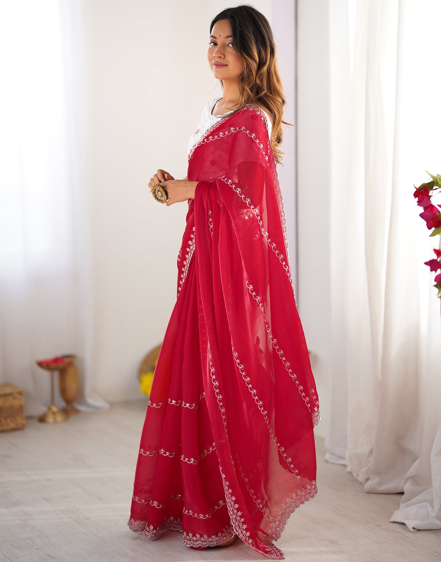 Red Tissue Silk Sequence Embroidery Saree