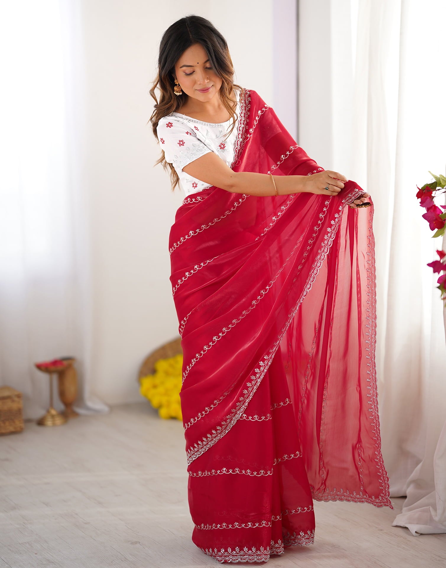 Red Tissue Silk Sequence Embroidery Saree