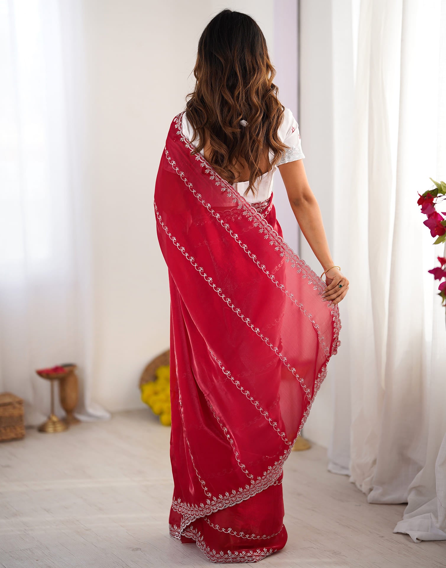 Red Tissue Silk Sequence Embroidery Saree