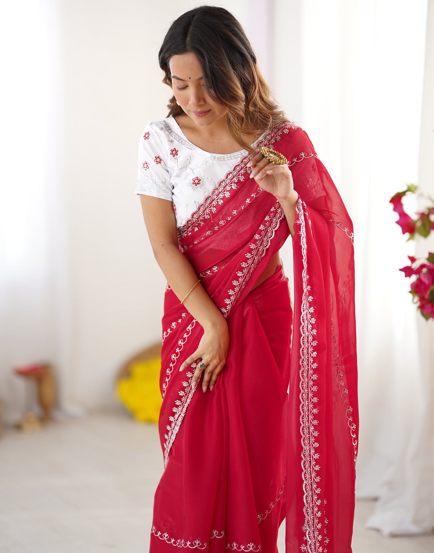 Red Tissue Silk Sequence Embroidery Saree