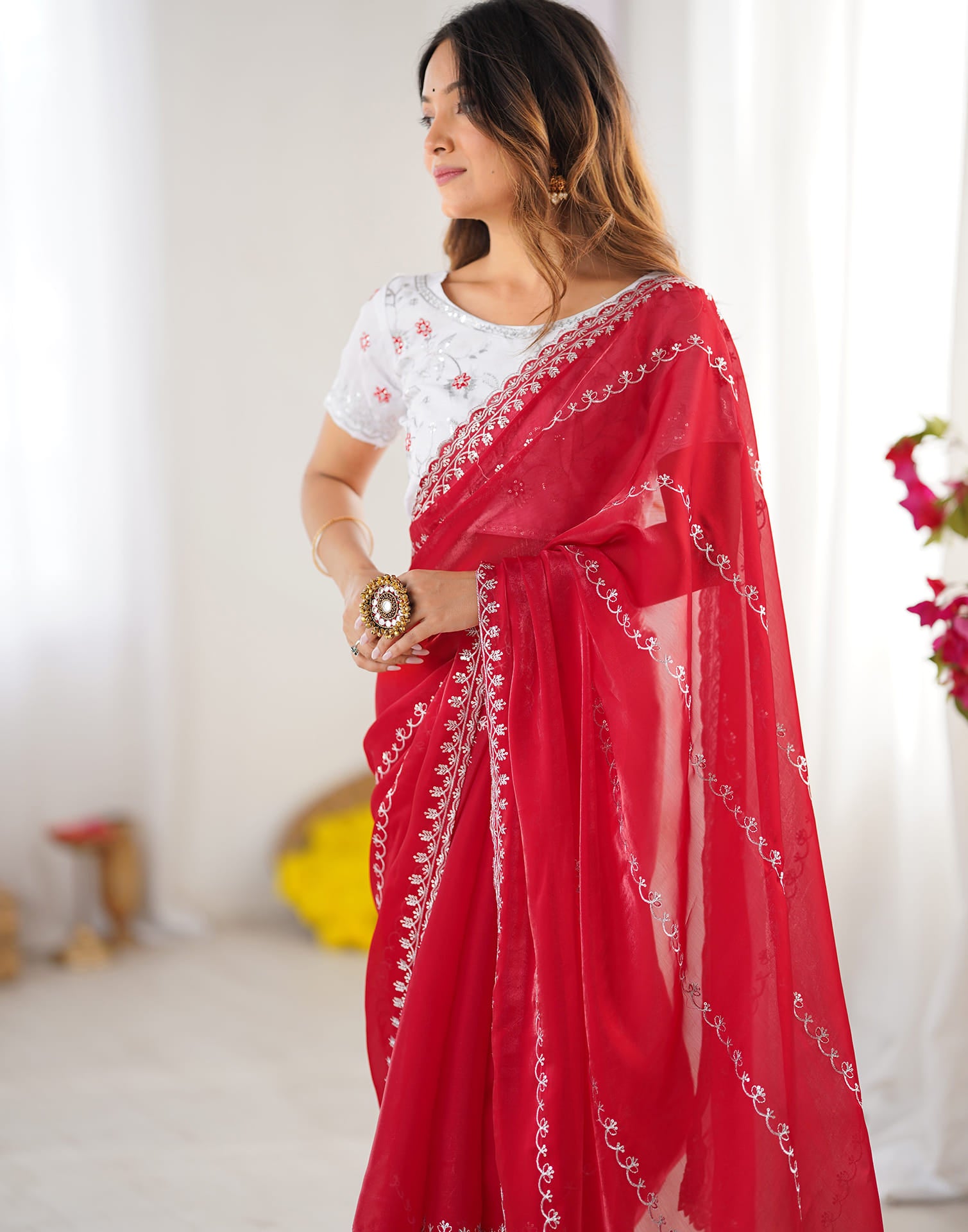 Red Tissue Silk Sequence Embroidery Saree