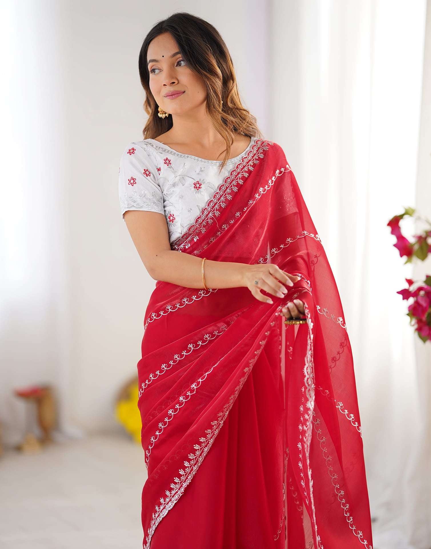 Red Tissue Silk Sequence Embroidery Saree